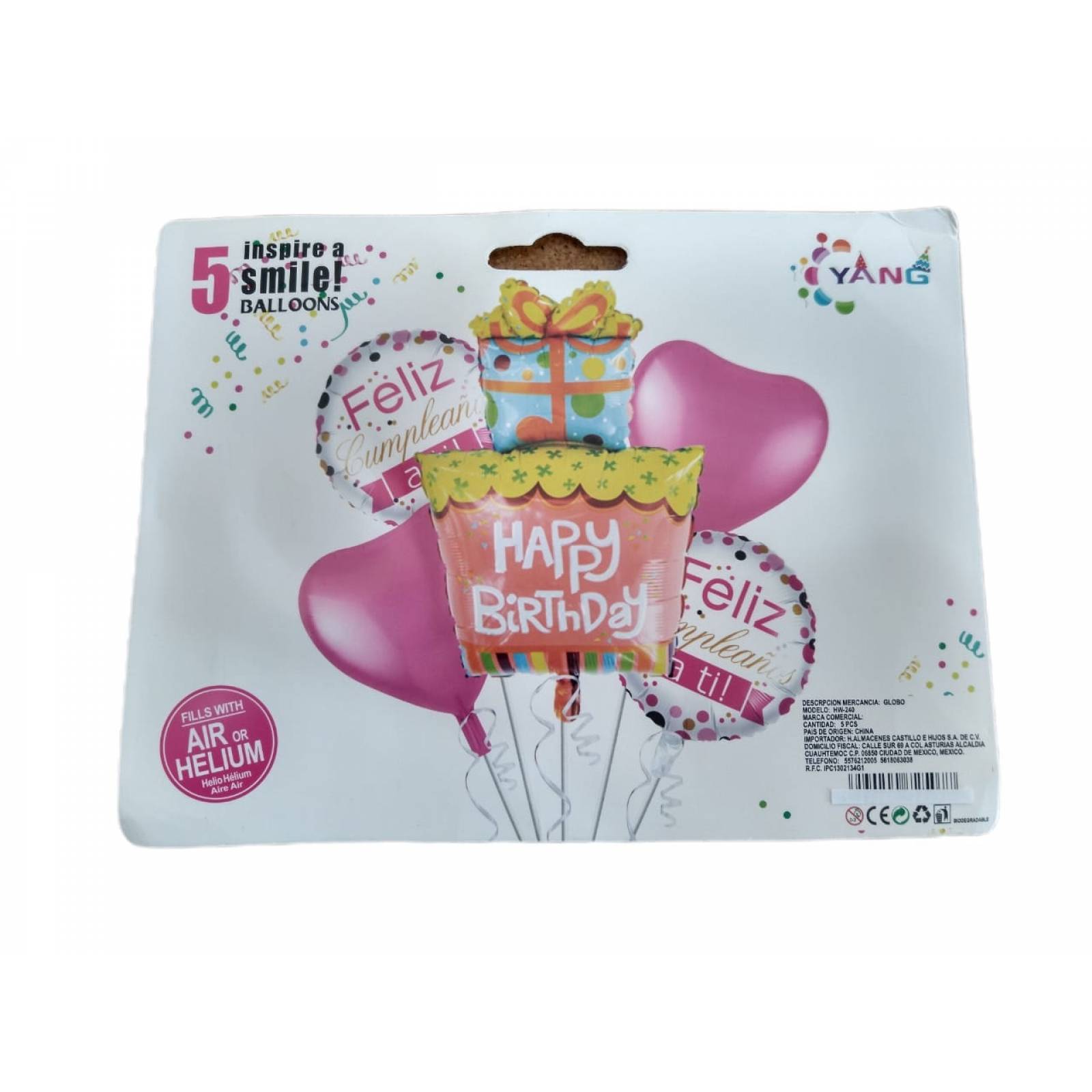 Kit De 5 Globos Happy Birthday / Feliz Cumpleaños Set Rosa