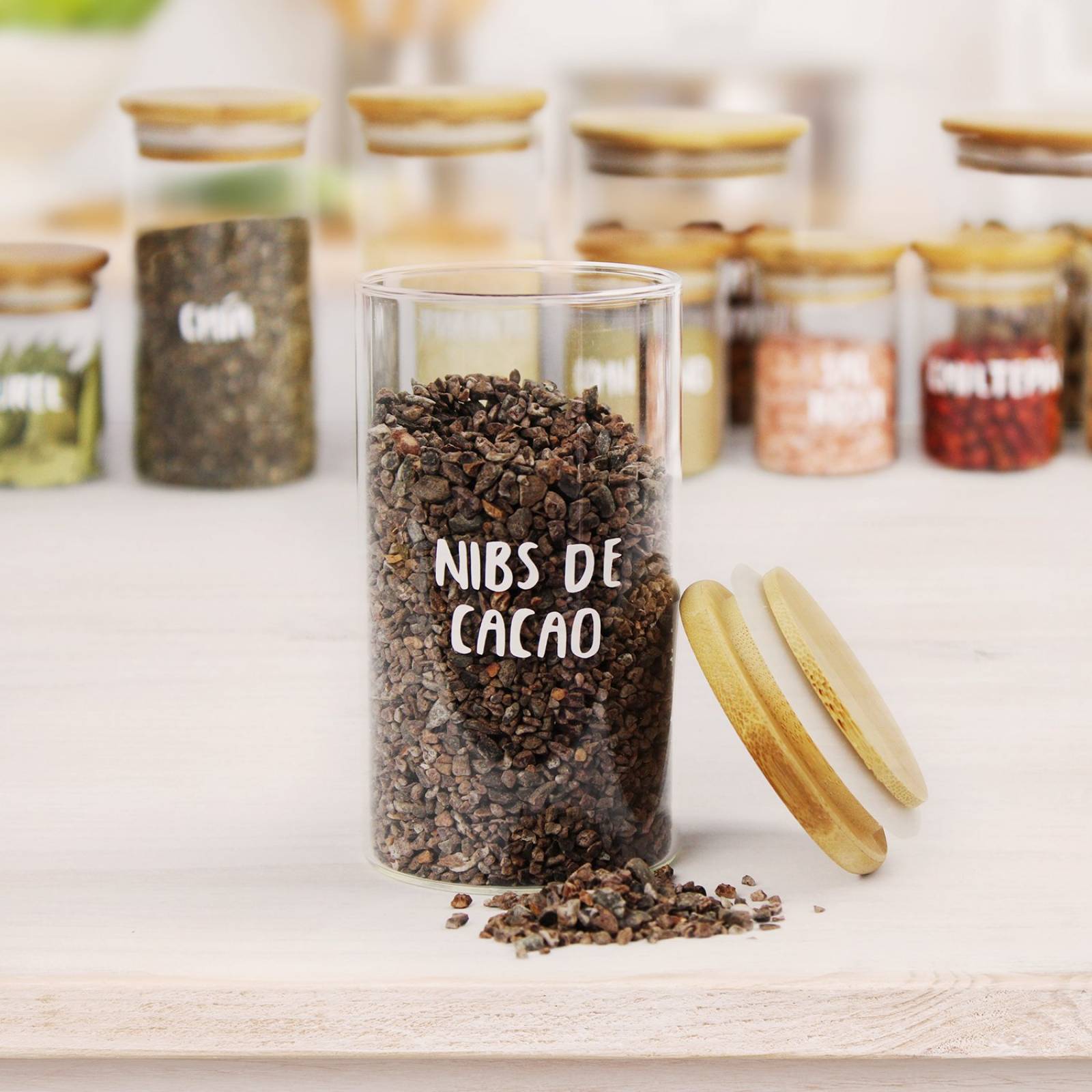 4 pz Frascos Especieros De Vidrio Con Tapa De Bamboo 230 Ml