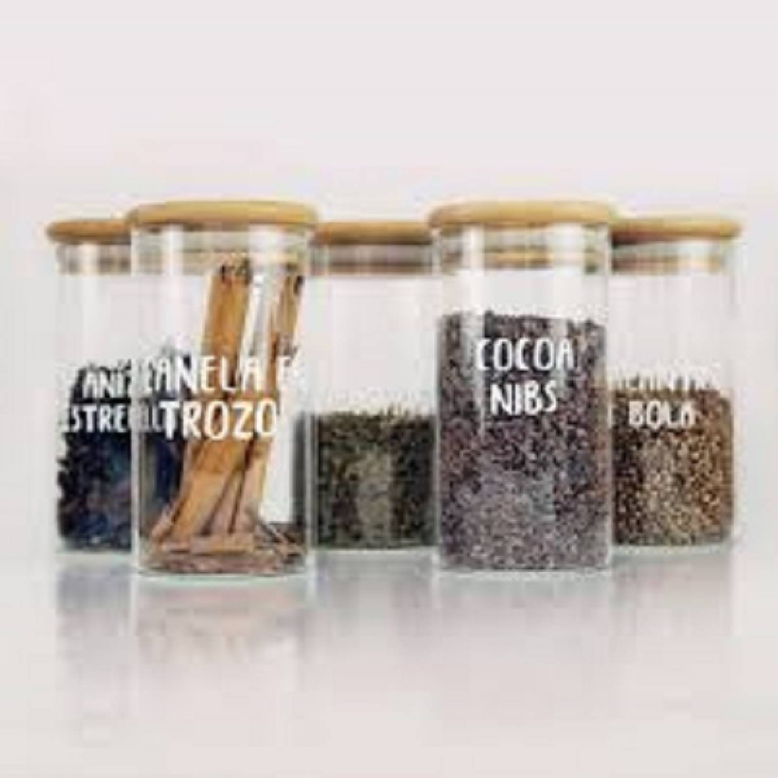 4 pz Frascos Especieros De Vidrio Con Tapa De Bamboo 230 Ml