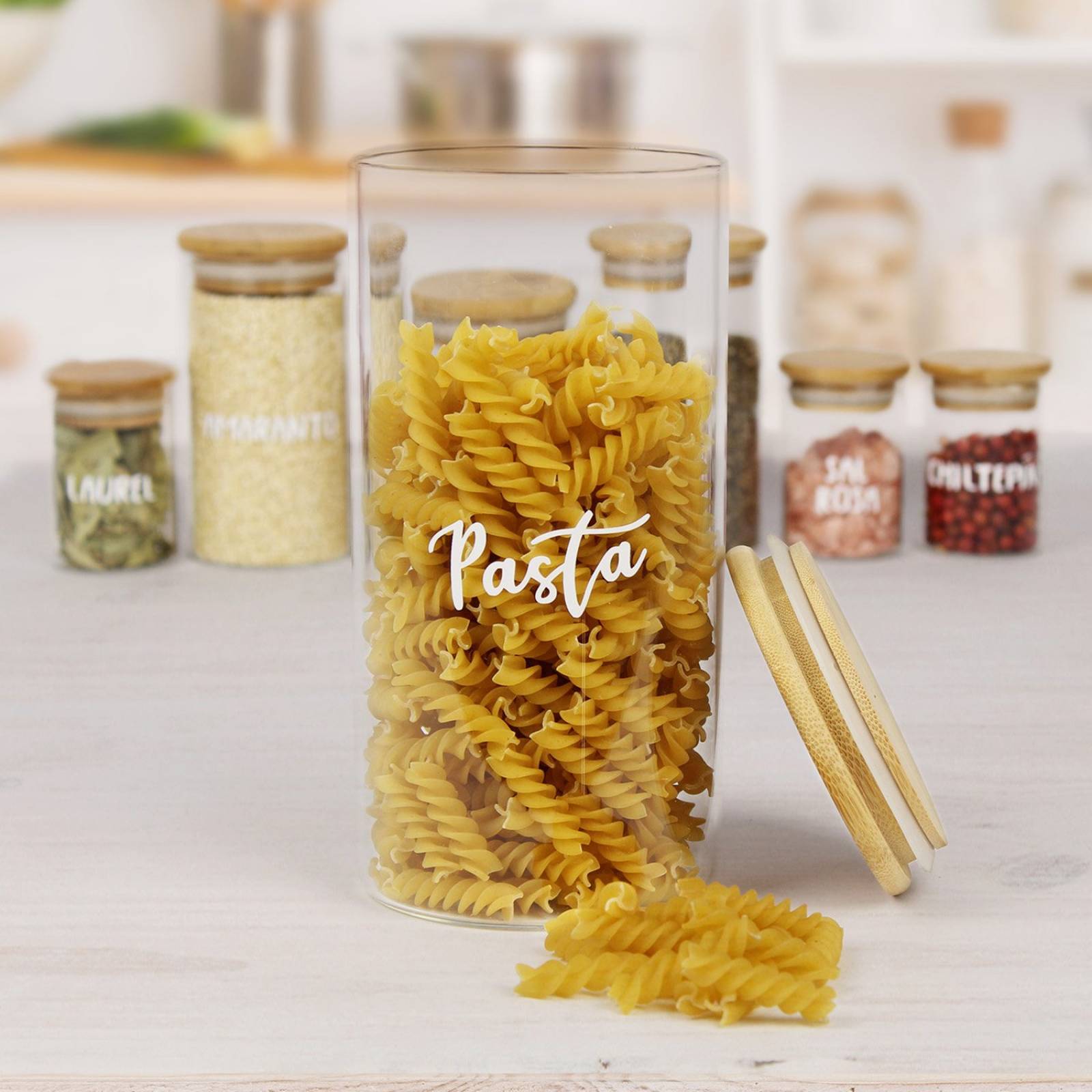 6 pz Frascos Especieros de Vidrio Con Tapa De Bamboo 1 Litro