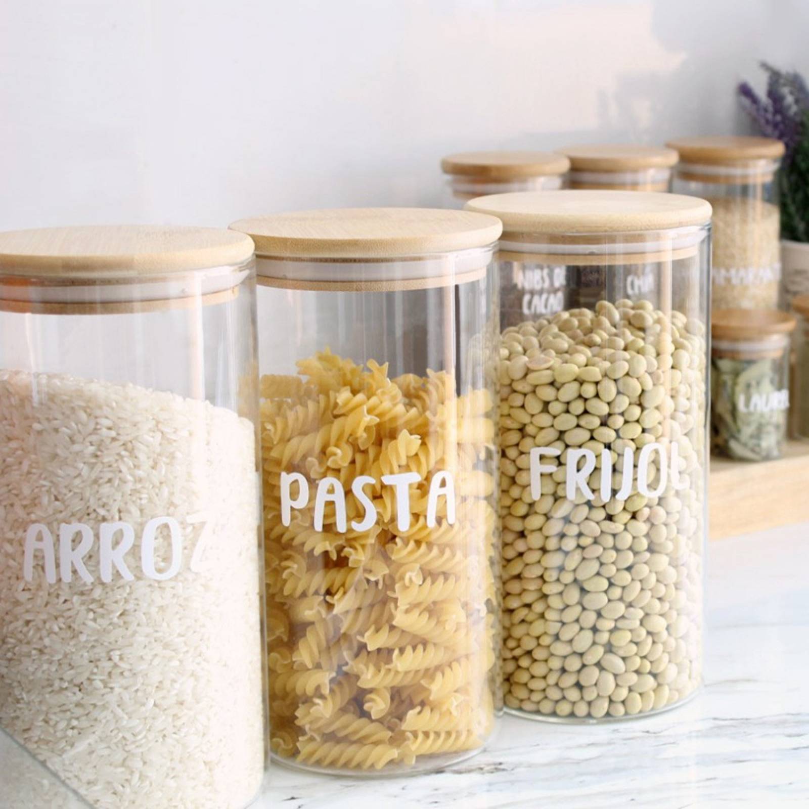 6 pz Frascos Especieros de Vidrio Con Tapa De Bamboo 1 Litro