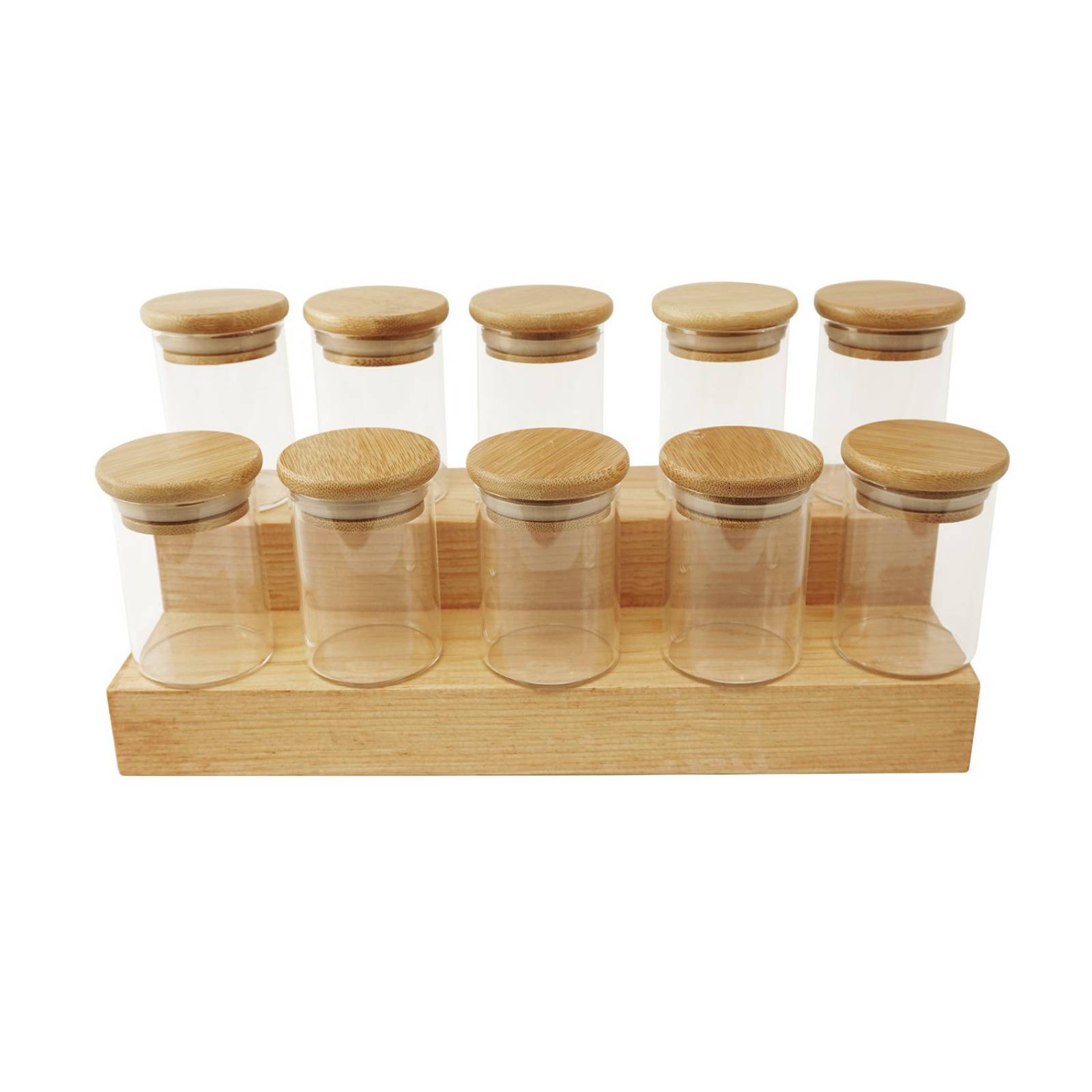 Set Kit Frascos Especieros de Vidrio Con Tapa de Bamboo y Base Escalonada