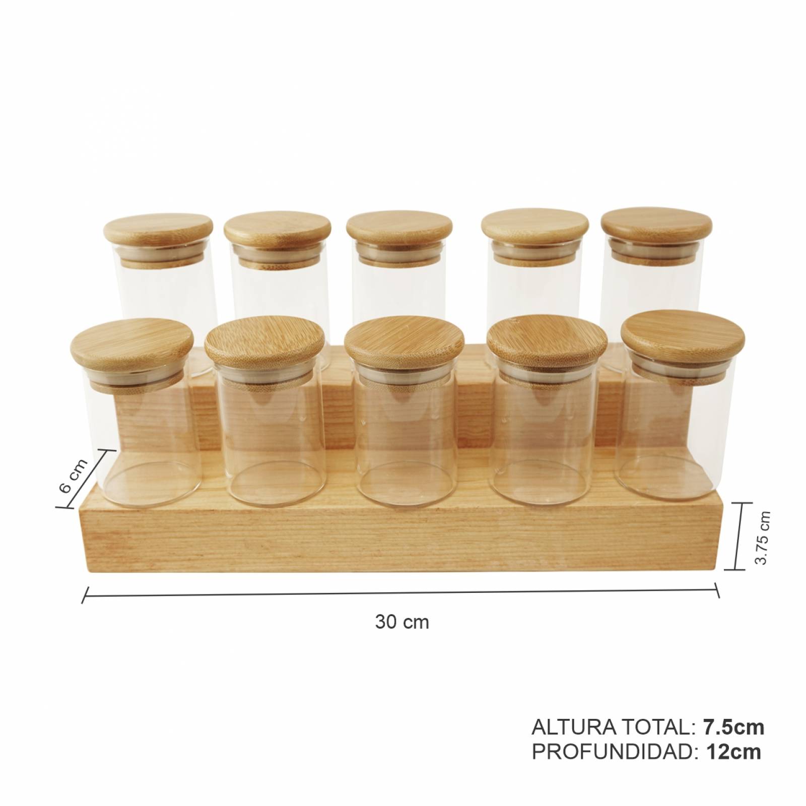 Set Kit Frascos Especieros de Vidrio Con Tapa de Bamboo y Base Escalonada