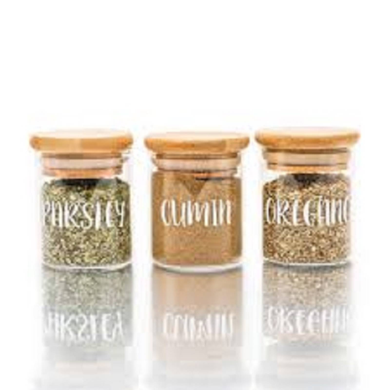 Set Kit Frascos Especieros de Vidrio Con Tapa de Bamboo y Base Escalonada