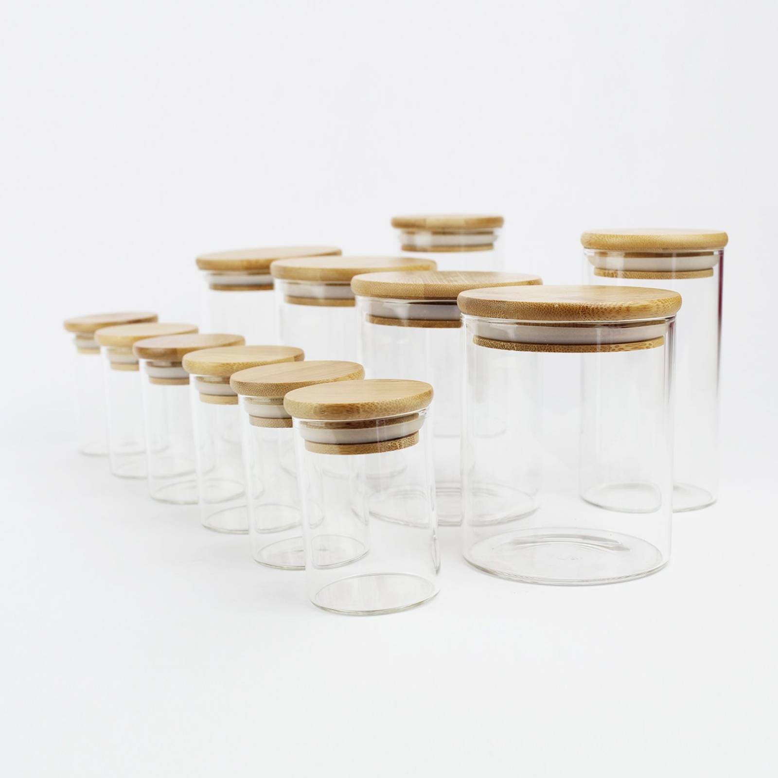 Set Kit Frascos Especieros de Vidrio Con Tapa de Bamboo Mix