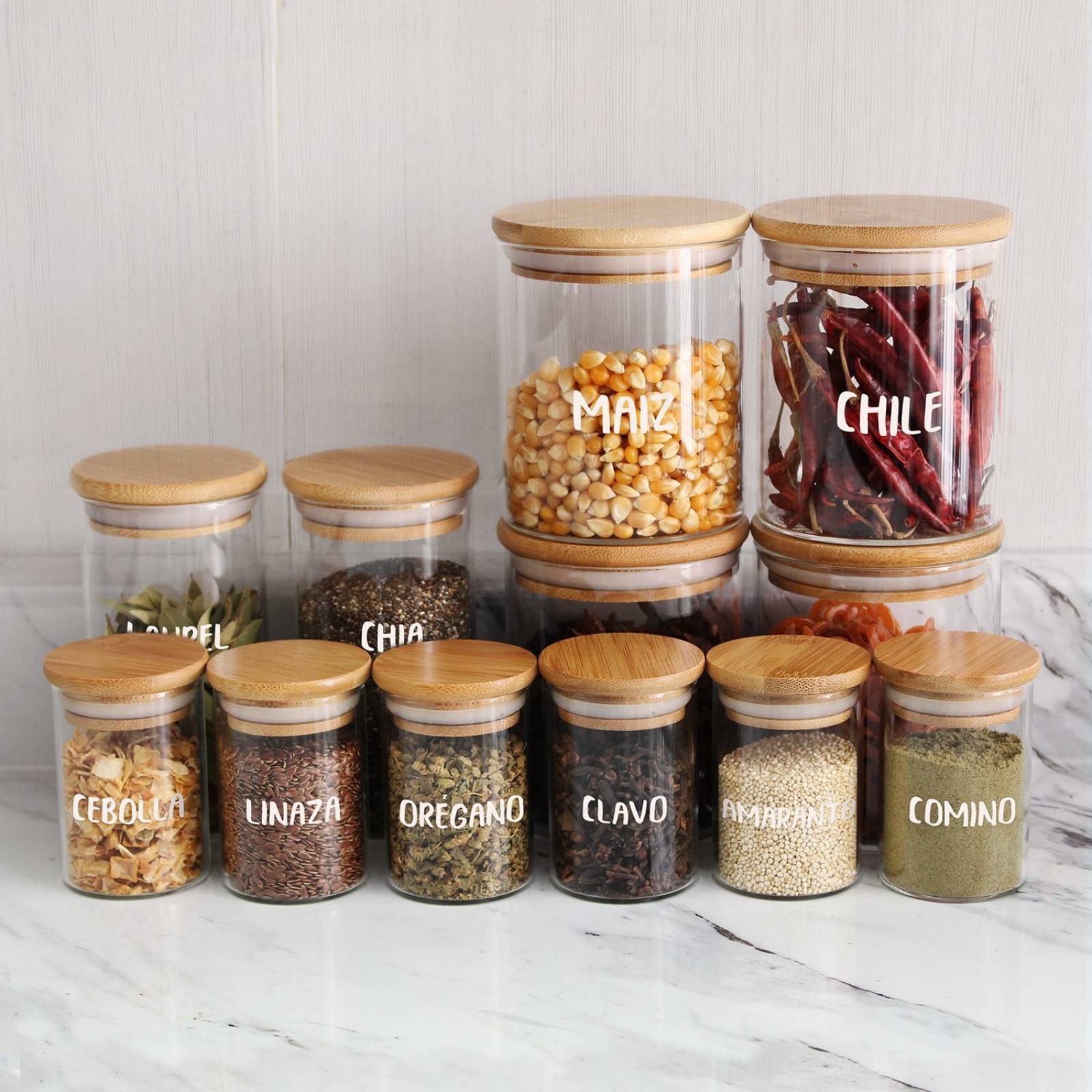 Set Kit Frascos Especieros de Vidrio Con Tapa de Bamboo Mix