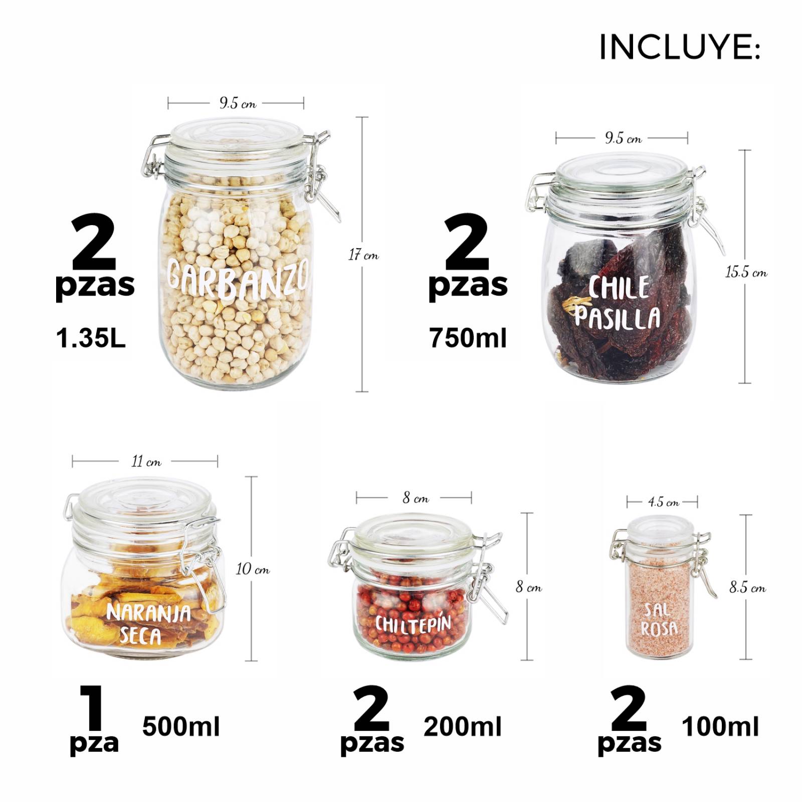 Set Kit Frascos Especieros de Vidrio Hermetico con Broche Mix