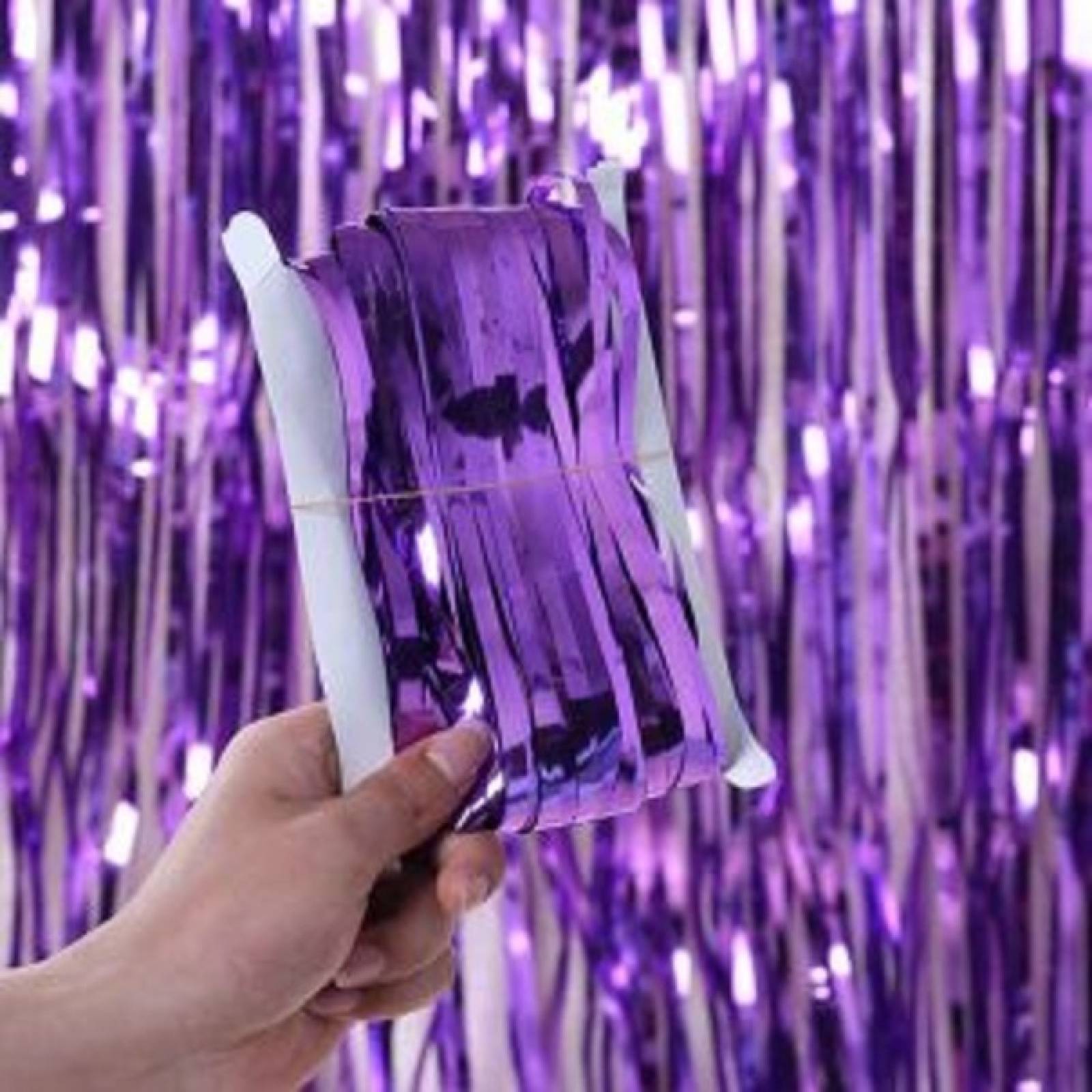 Cortina Lluvia Metálica Morado Para Fiestas, Decoración 2x1m