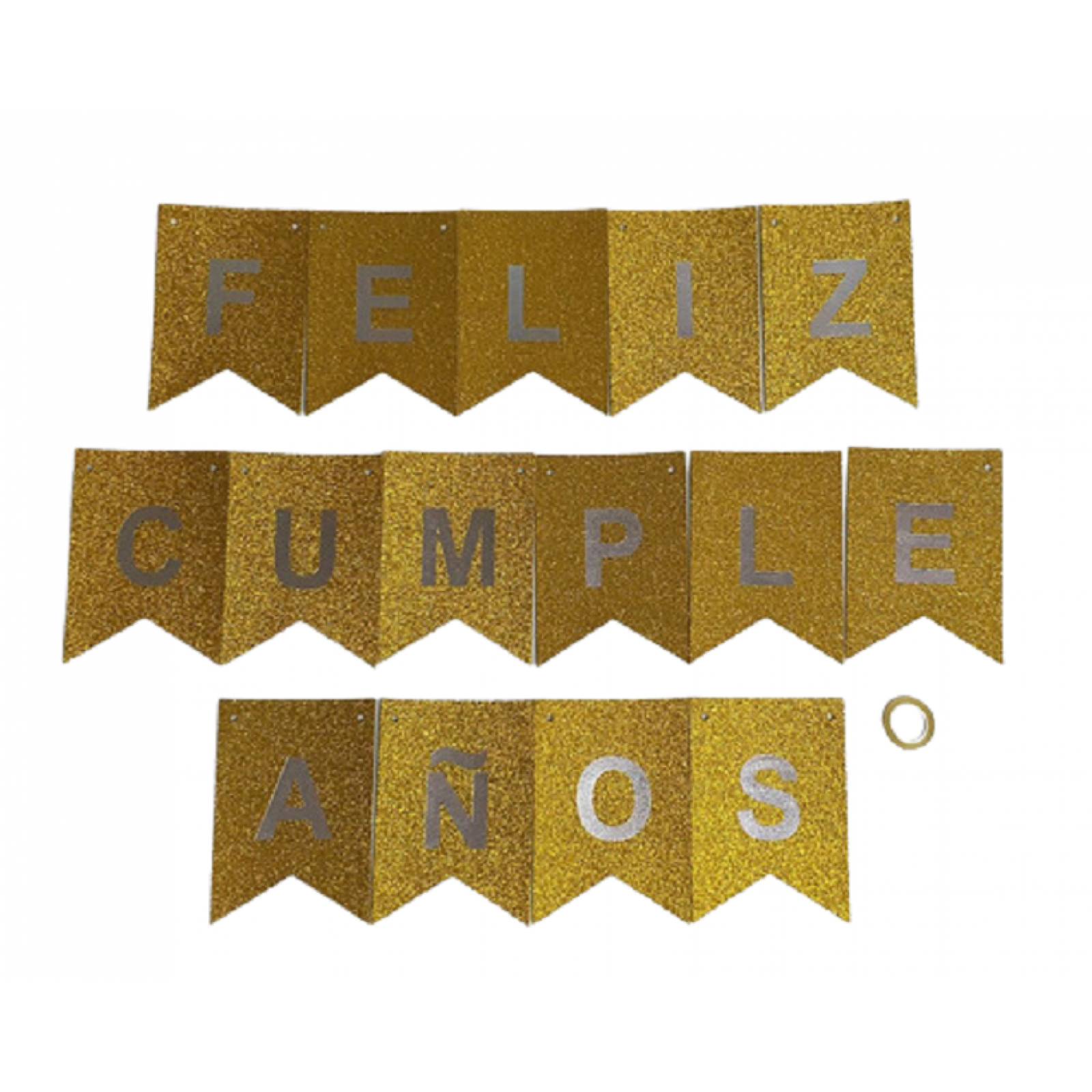 Guia De Banderines Banner Guirnalda Feliz Cumpleaños Dorado Brillos.