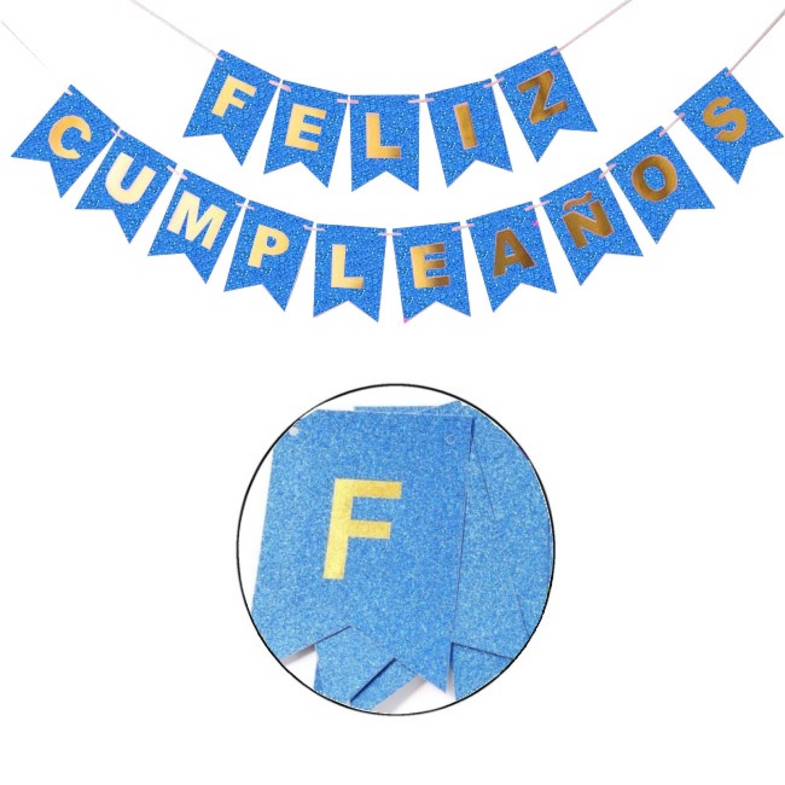 Guia De Banderines Banner Guirnalda Feliz Cumpleaños Azul Brillos.