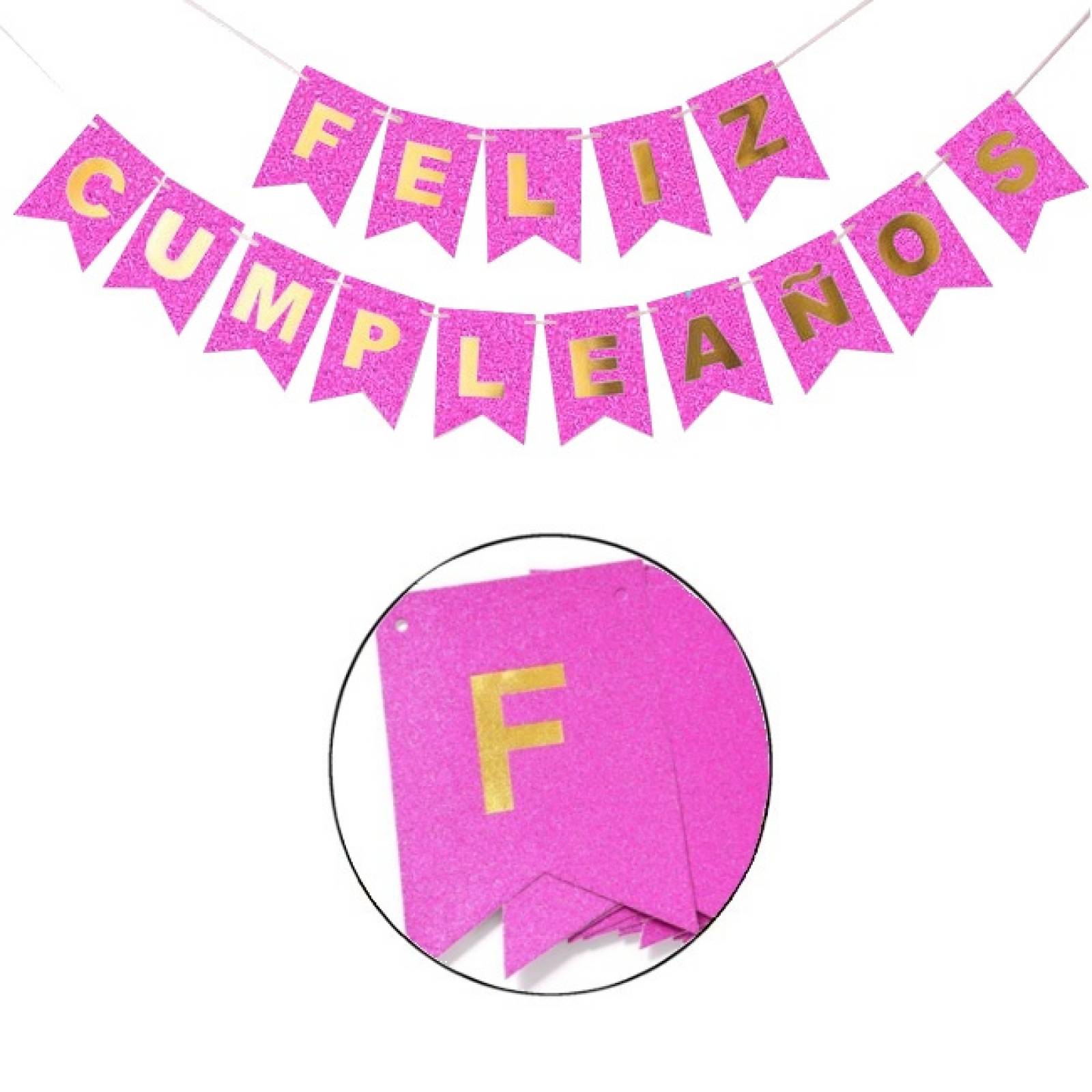 Guia De Banderines Banner Guirnalda Feliz Cumpleaños Rosa Brillos.