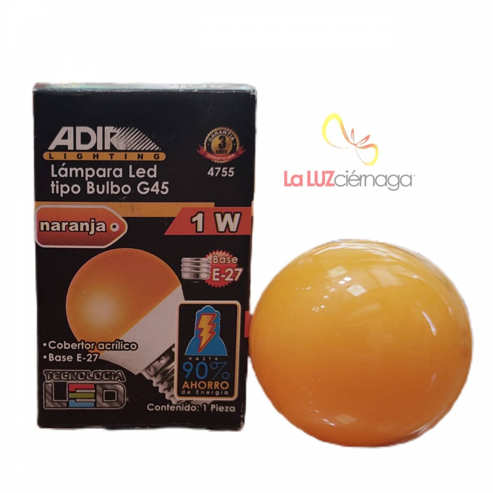 Foco Led Tipo Bulbo G45 1W Naranja 4755 Adir