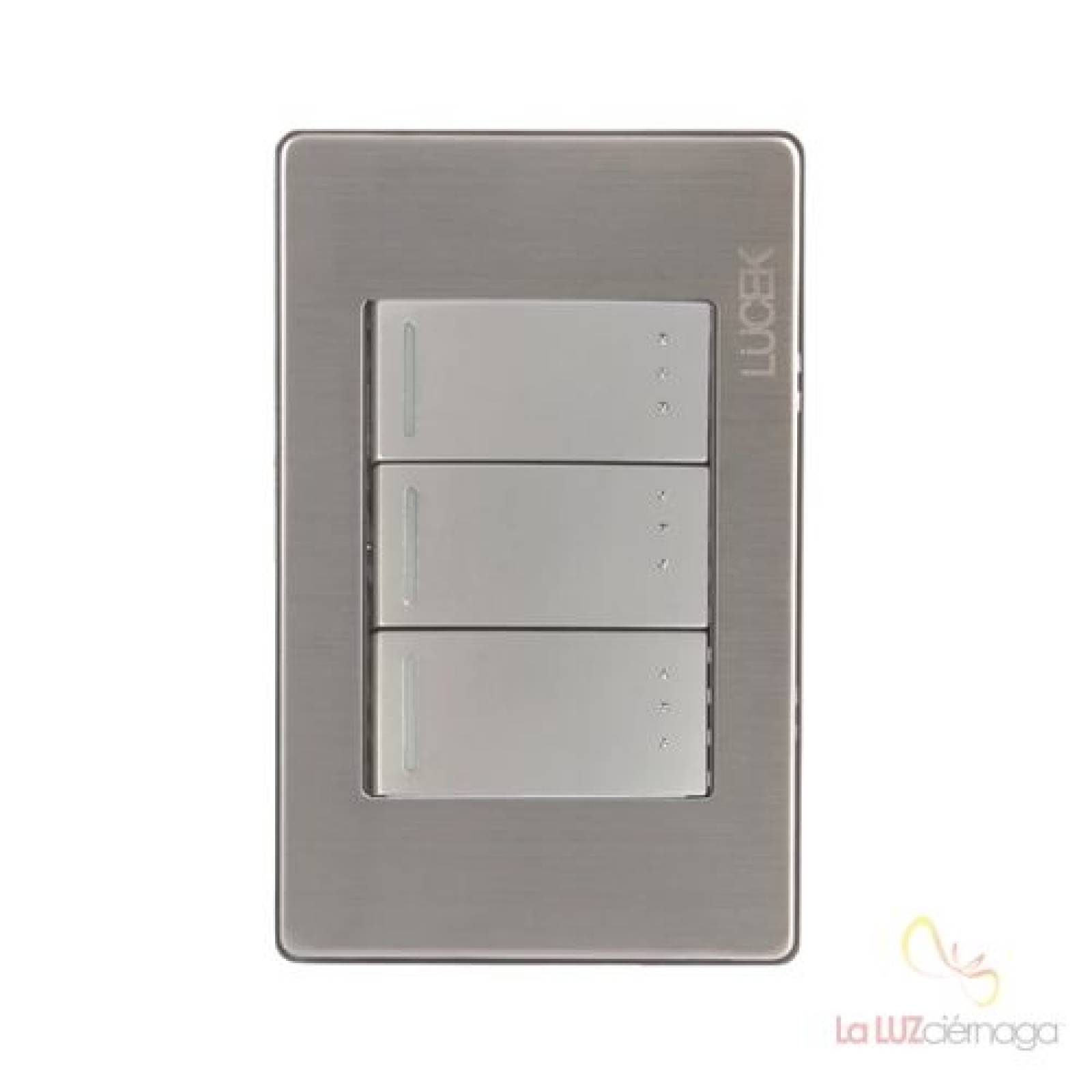 Placa plateada de 3 módulos con tres apagadores de escalera BP10