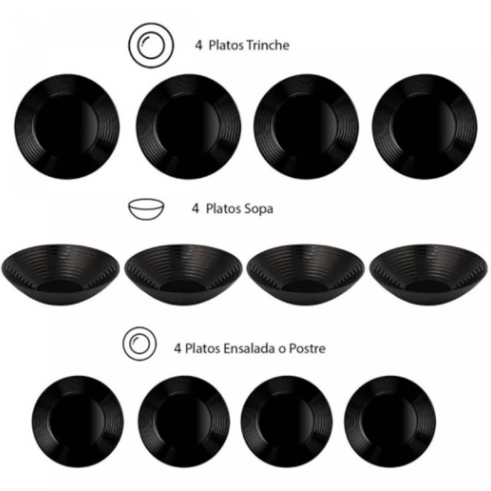 Luminarc 307-5483/5486E Vajilla Moderna Negra modelo Harena para 4 Personas de Vidrio con 12 piezas