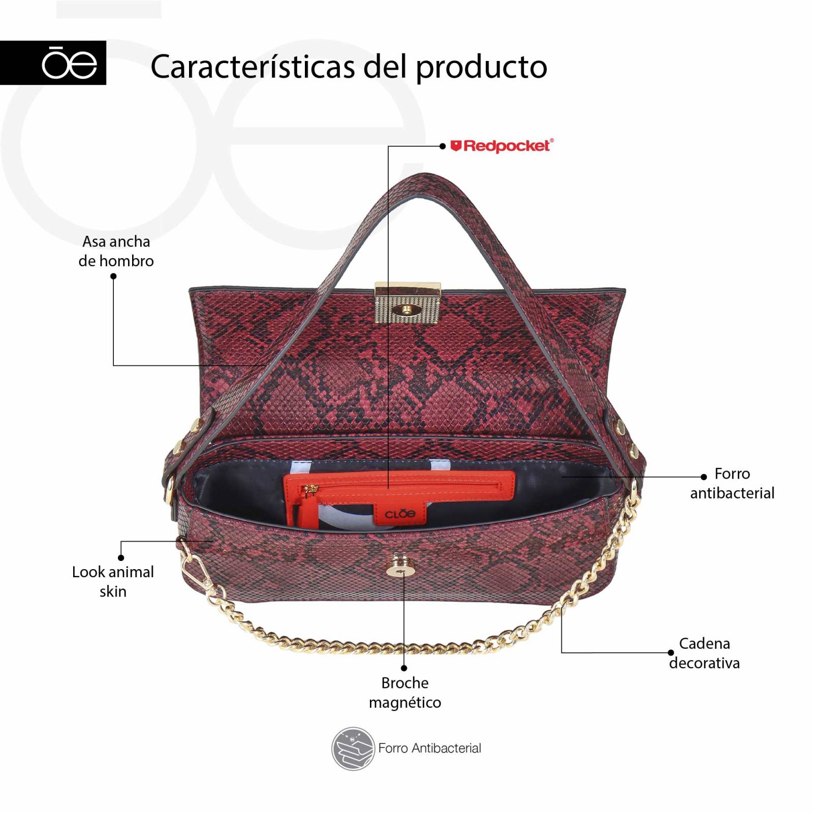 Bolsa Baguette para Mujer Cloe con Cadena Decorativa