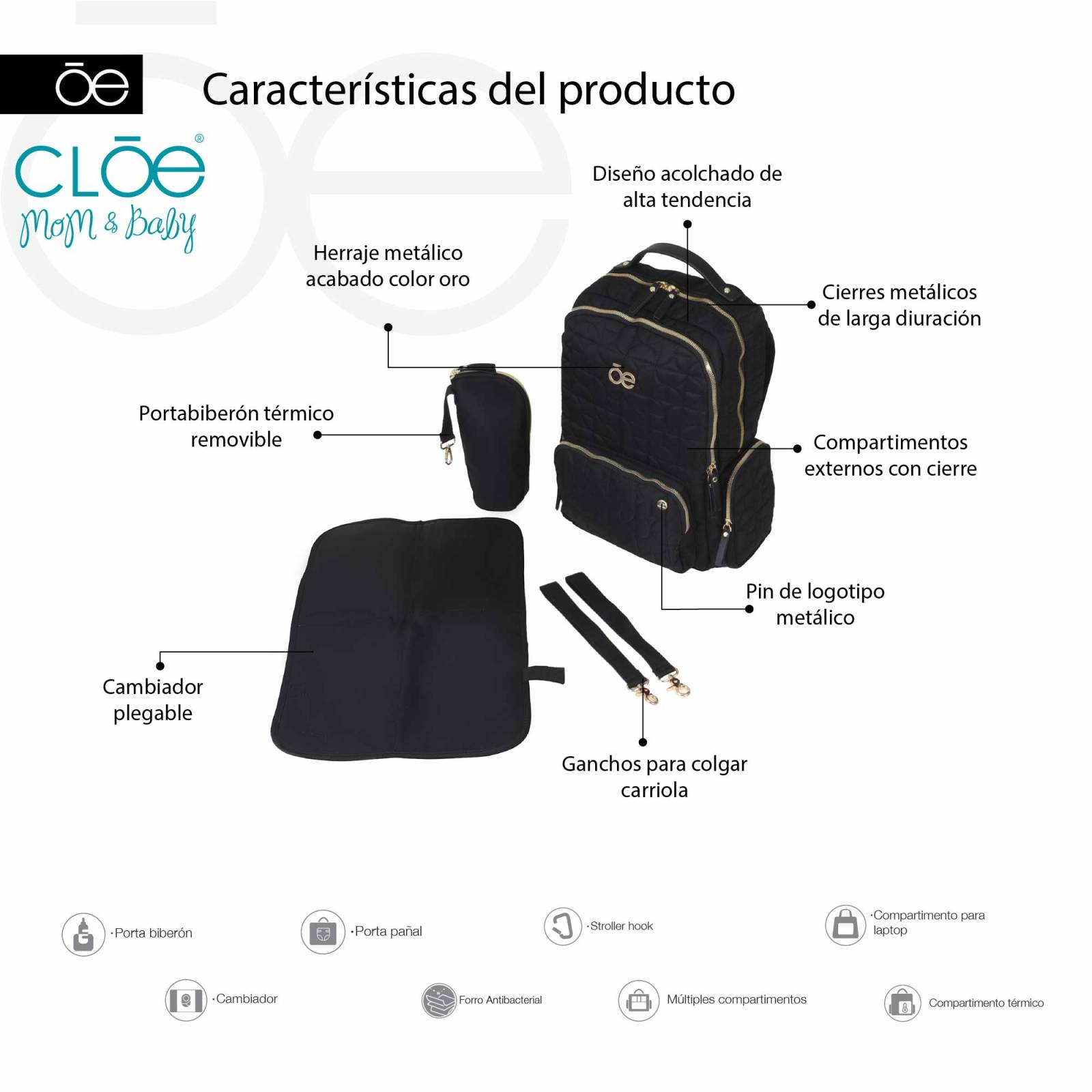 Pañalera Mochila Cloe Nylon Acolchado con Accesorios