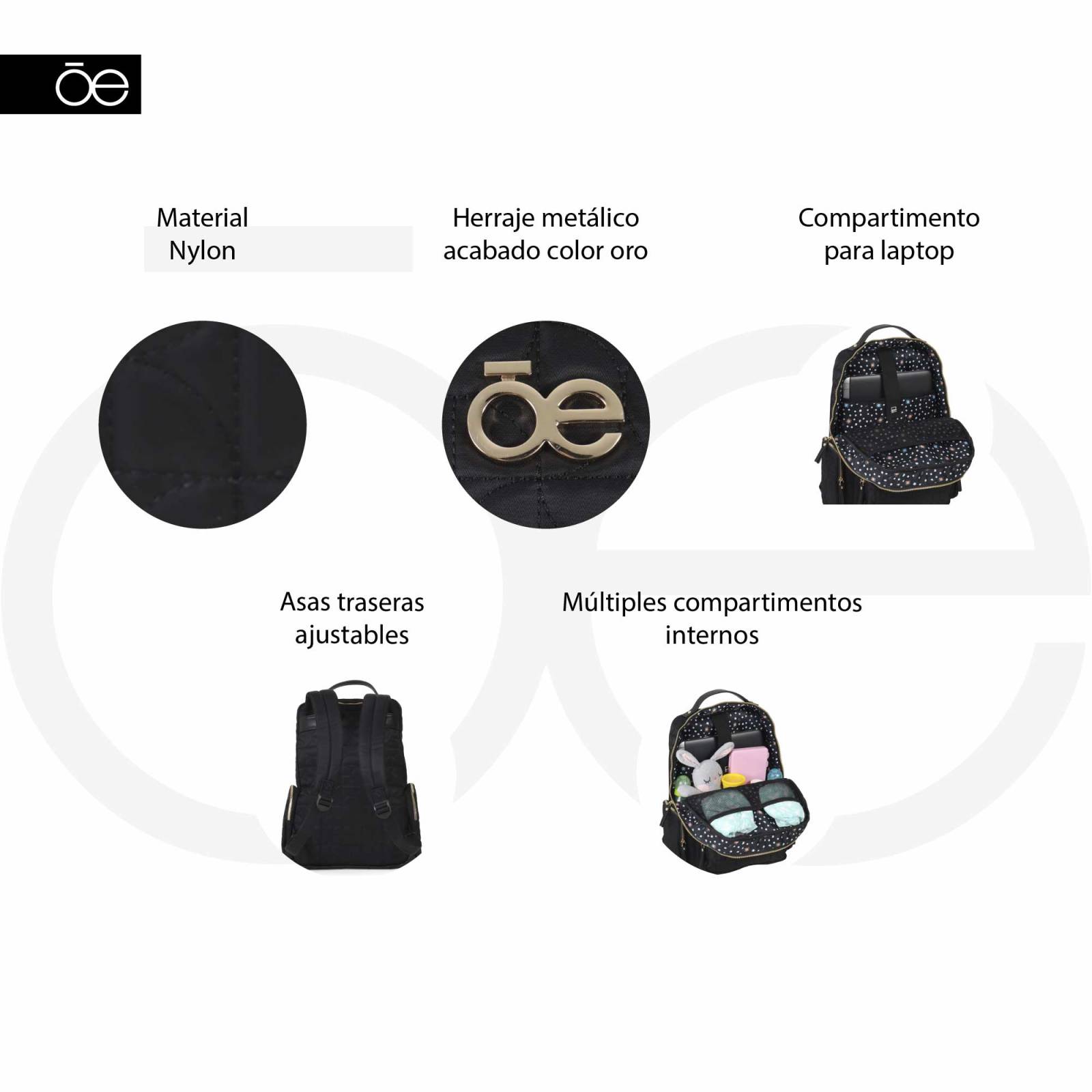 Pañalera Mochila Cloe Nylon Acolchado con Accesorios