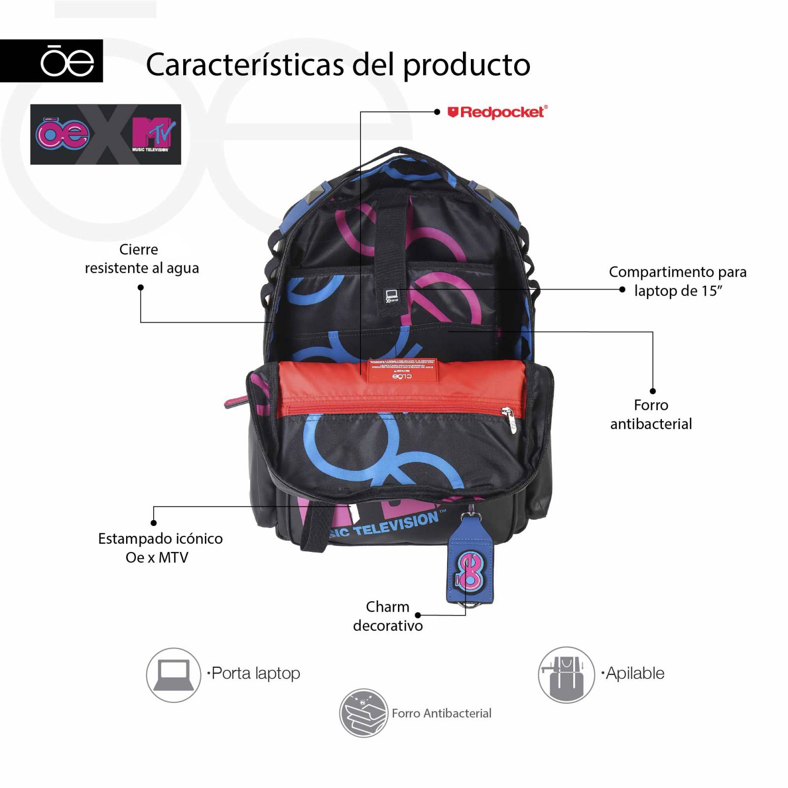 Mochila para Mujer MTV x Oe Porta Laptop Resistente al Agua