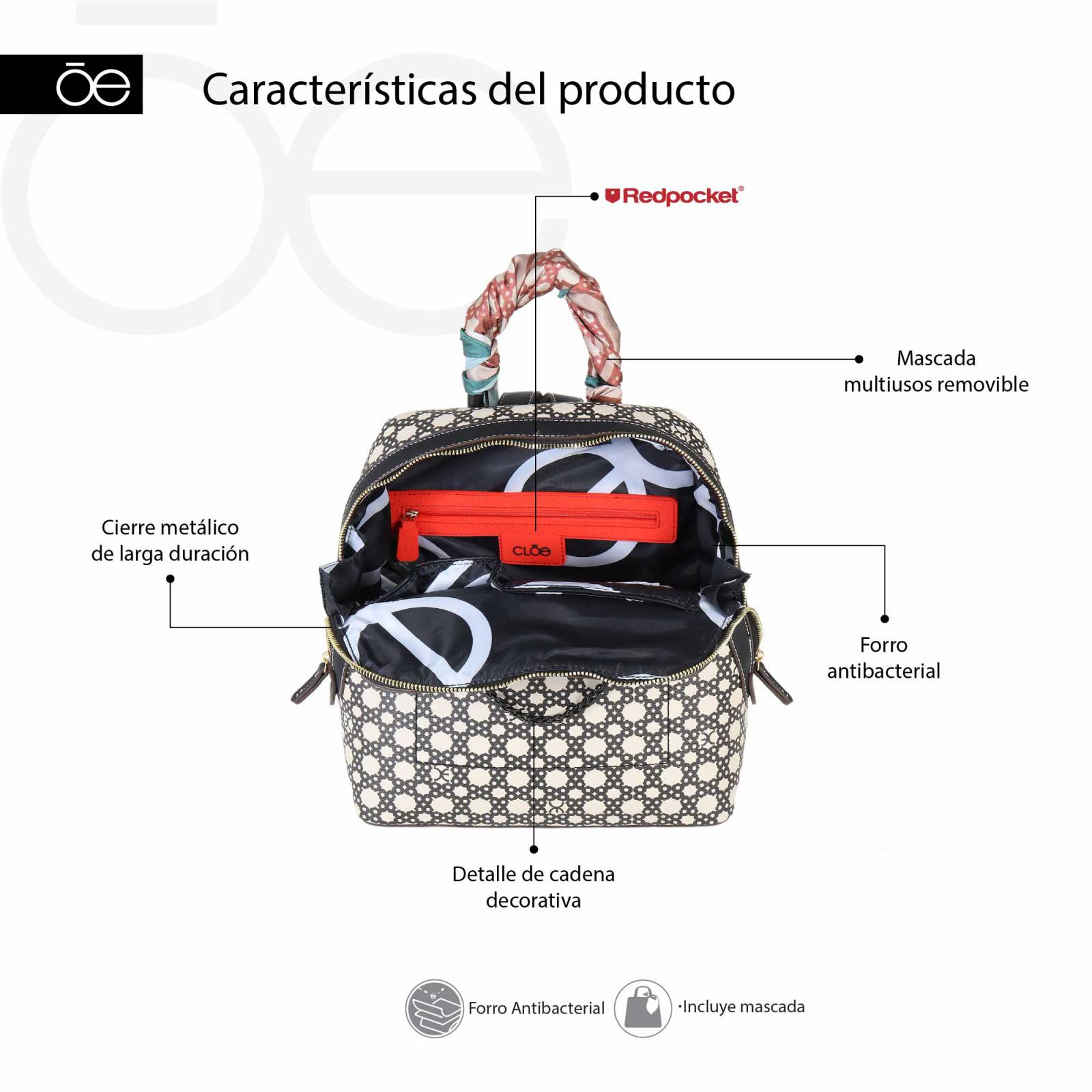 Mochila para Mujer Cloe Mediana con Mascada y Detalle Cadena