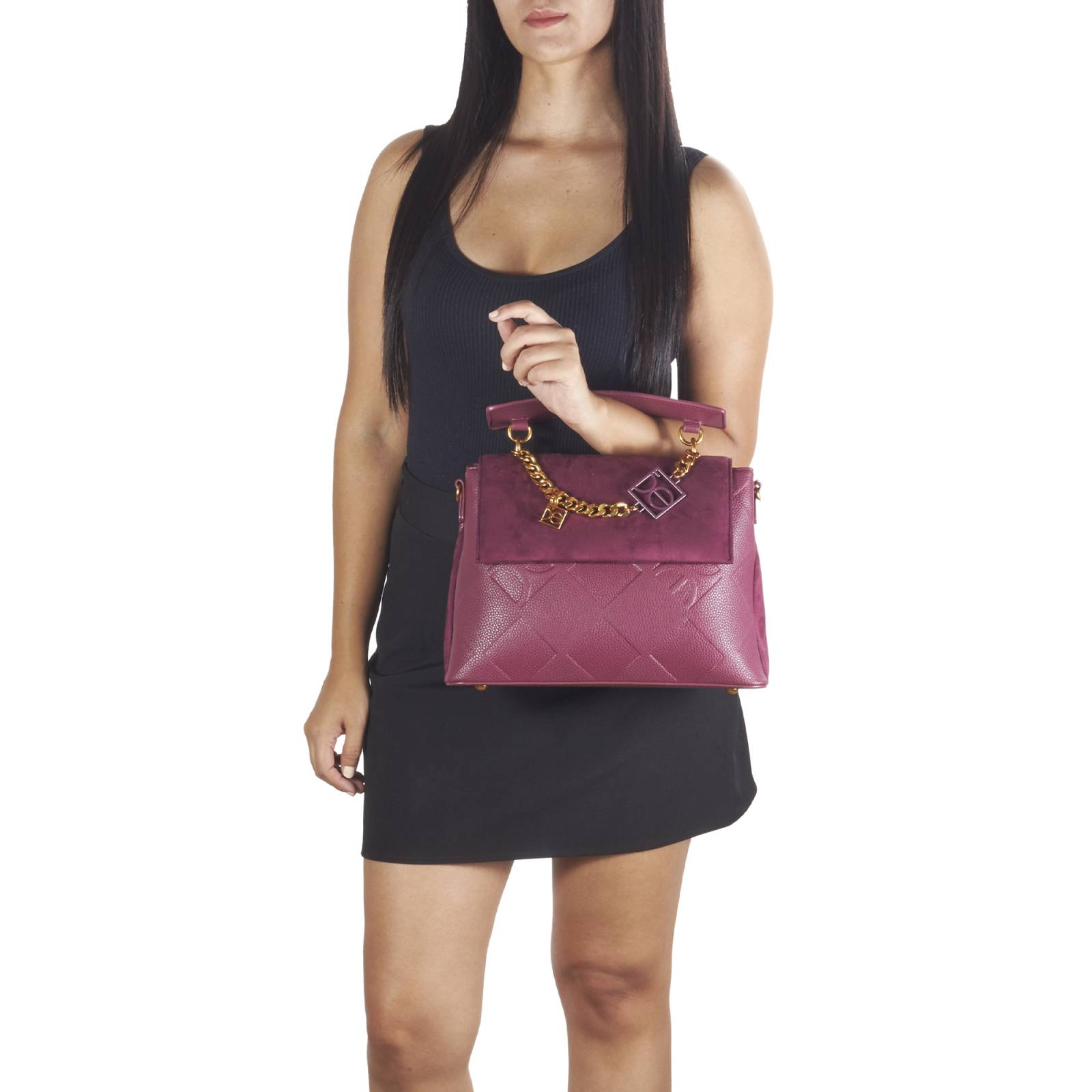 Bolsa Satchel Aplicación Cadena color Rojo Tinto