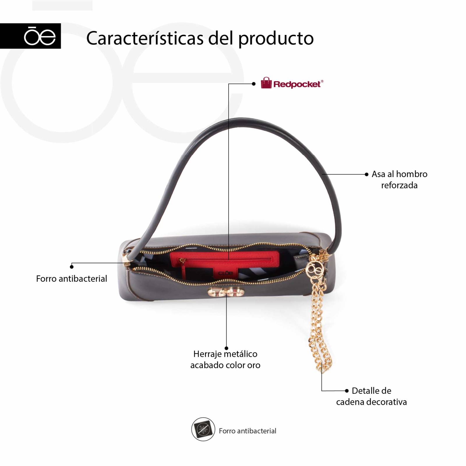 Bolsa Baguette Cloe con Aplicación de Cadena color Negro
