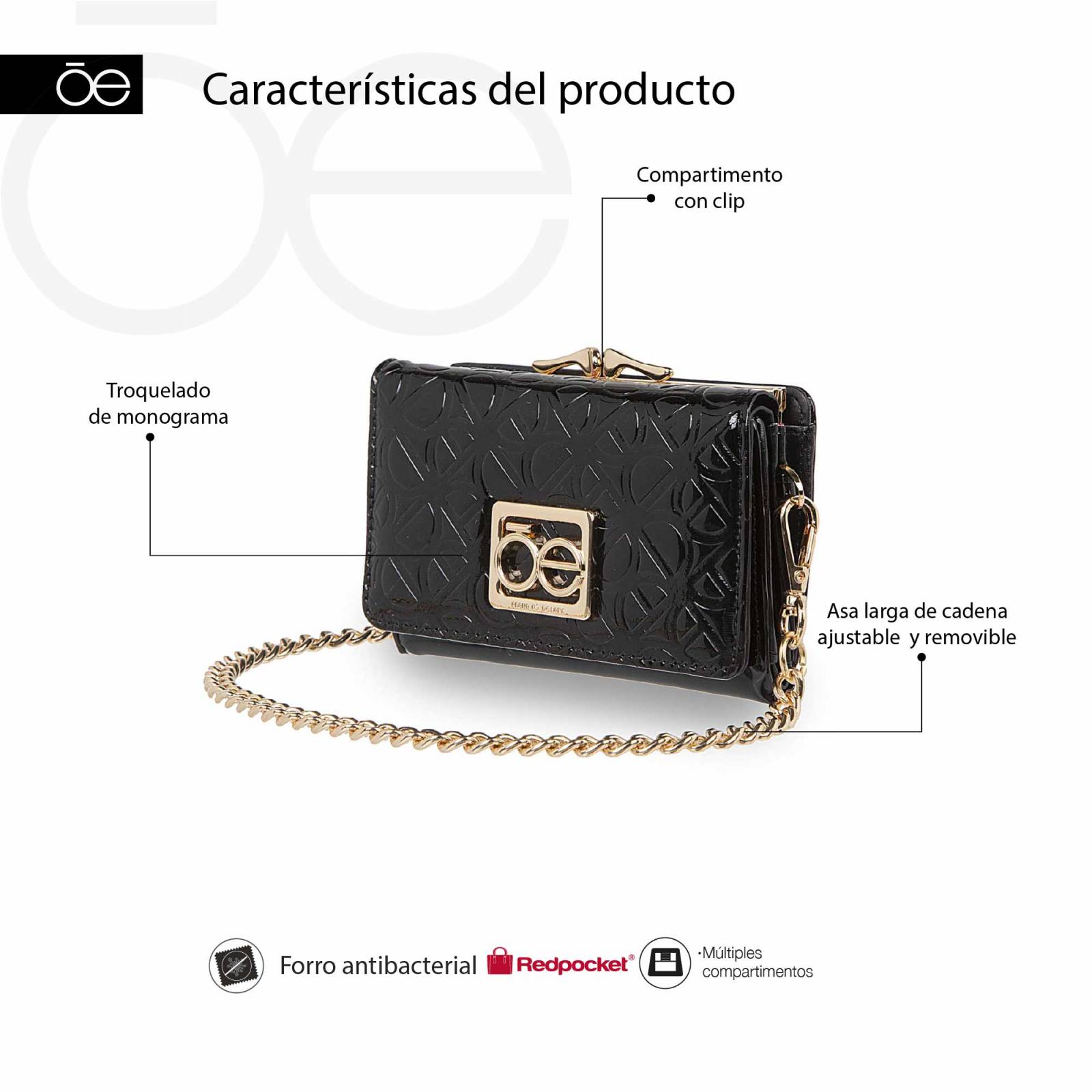 Cartera Mediana Flap 2 En 1 Charol Color Negro