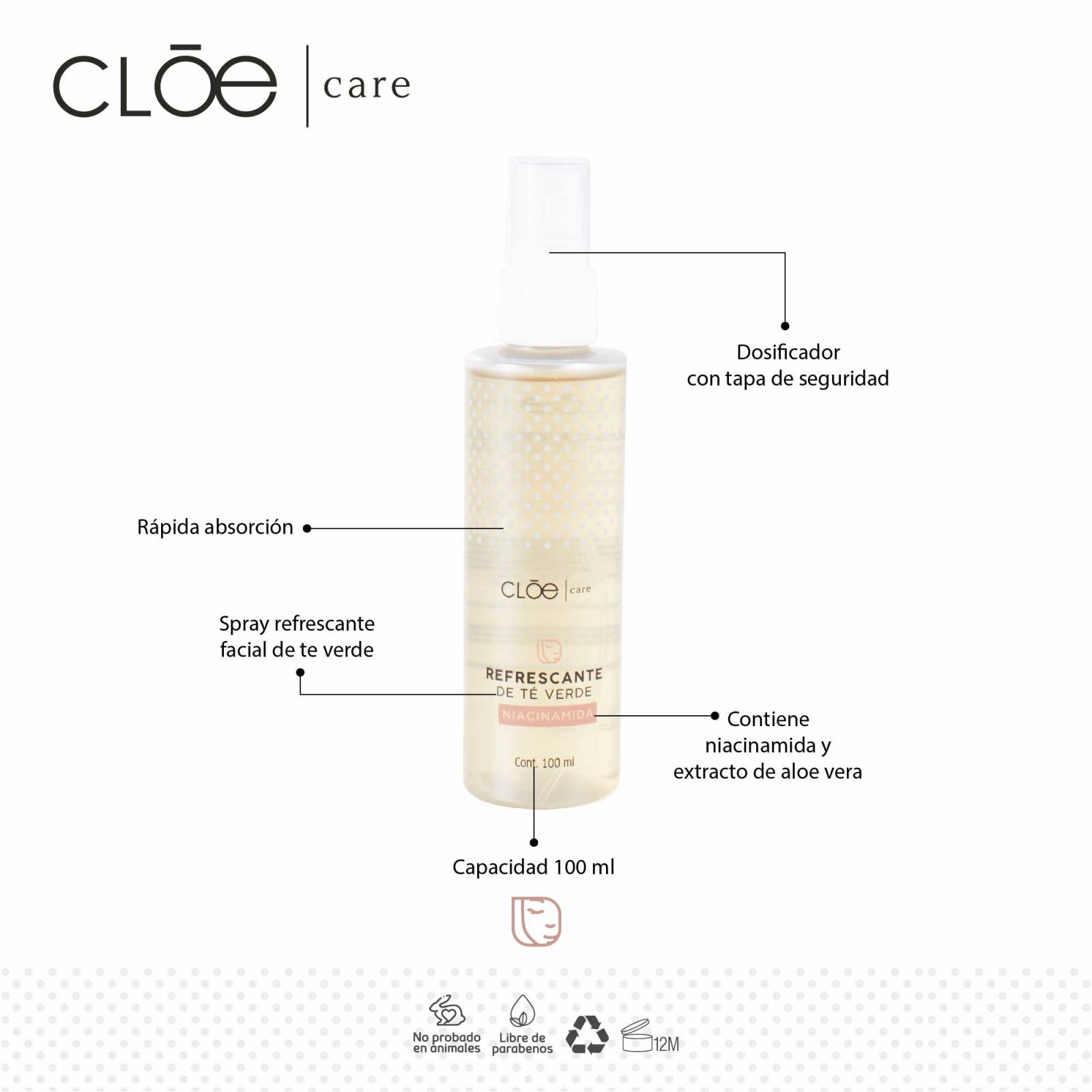 Spray Facial Cloe Care Para Mujer Refrescante de Té Verde