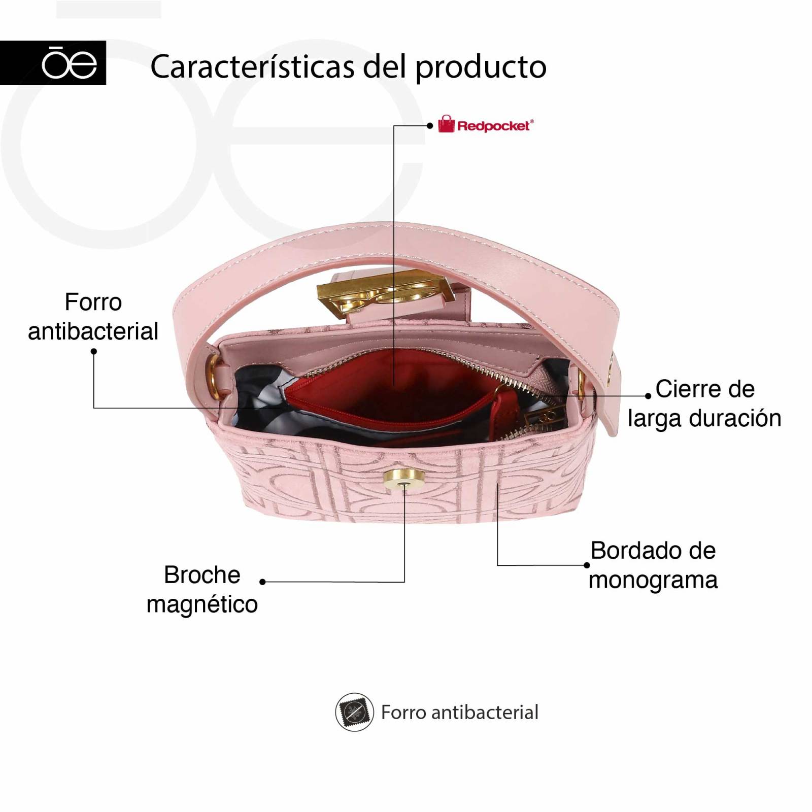 Bolsa Hobo Cloe Textil Monograma Bordado color Rosa