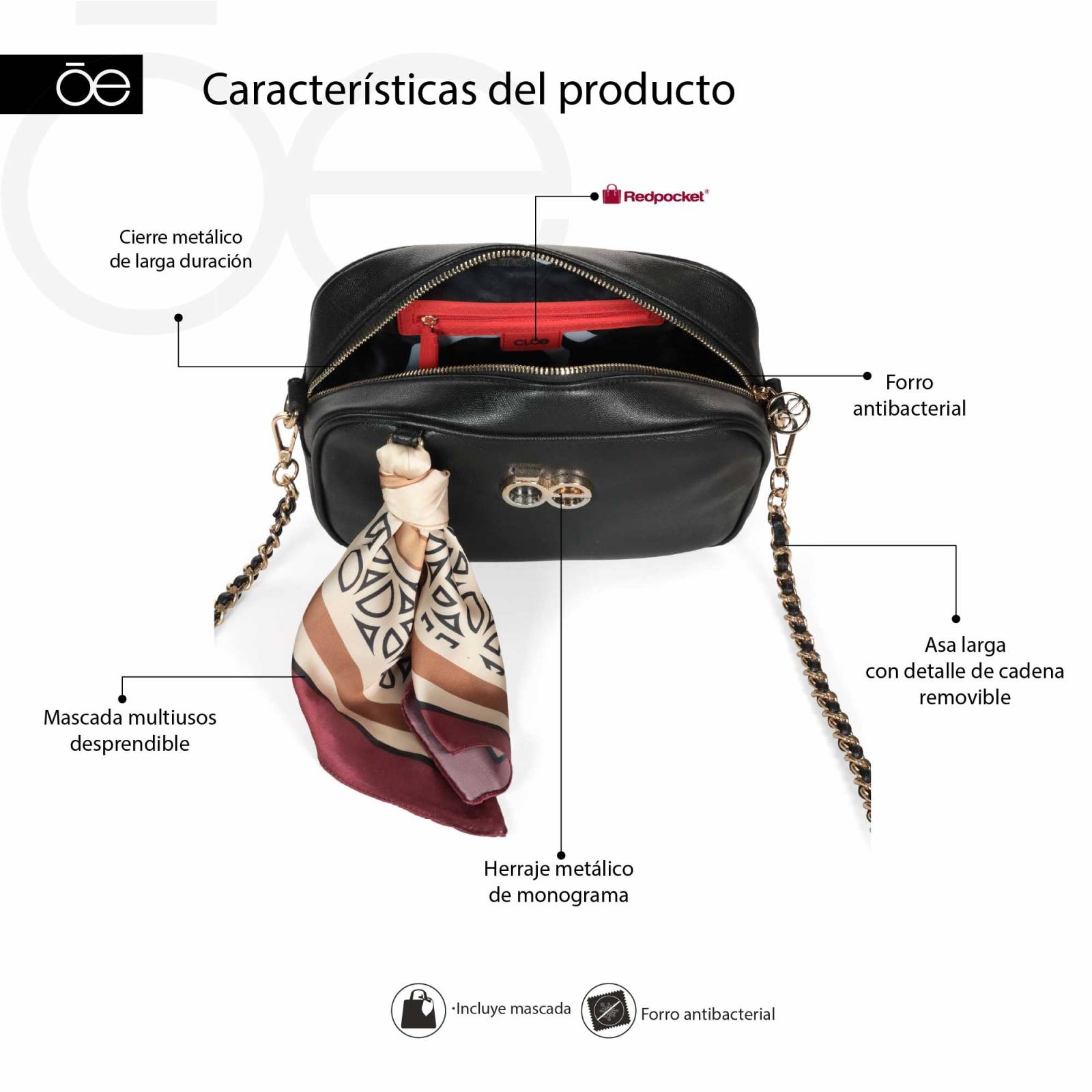 Bolsa Crossbody Cloe con Mascada color Negro