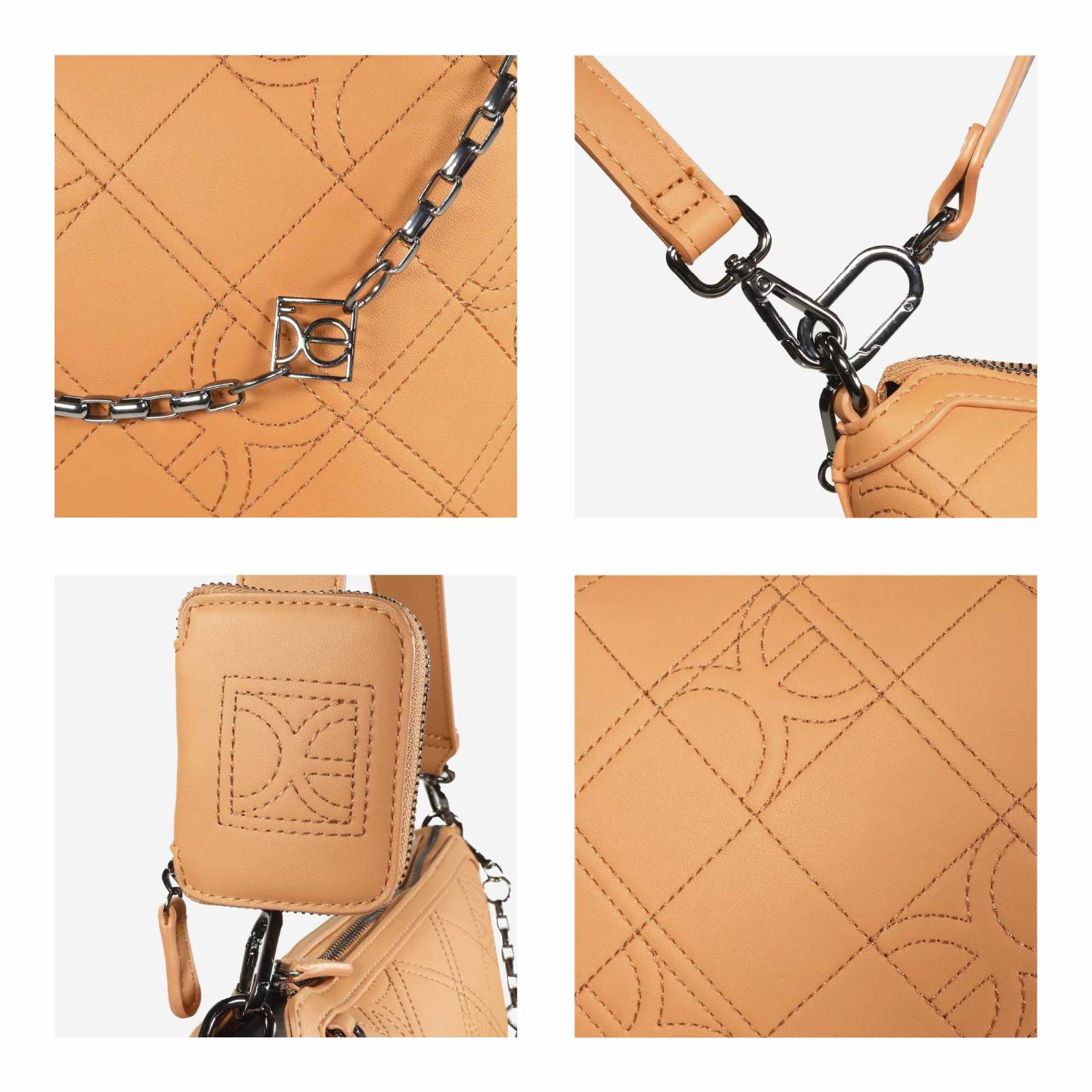 Bolsa Tote Cloe Material Reciclado Monograma Bordado con Monedero color Camel