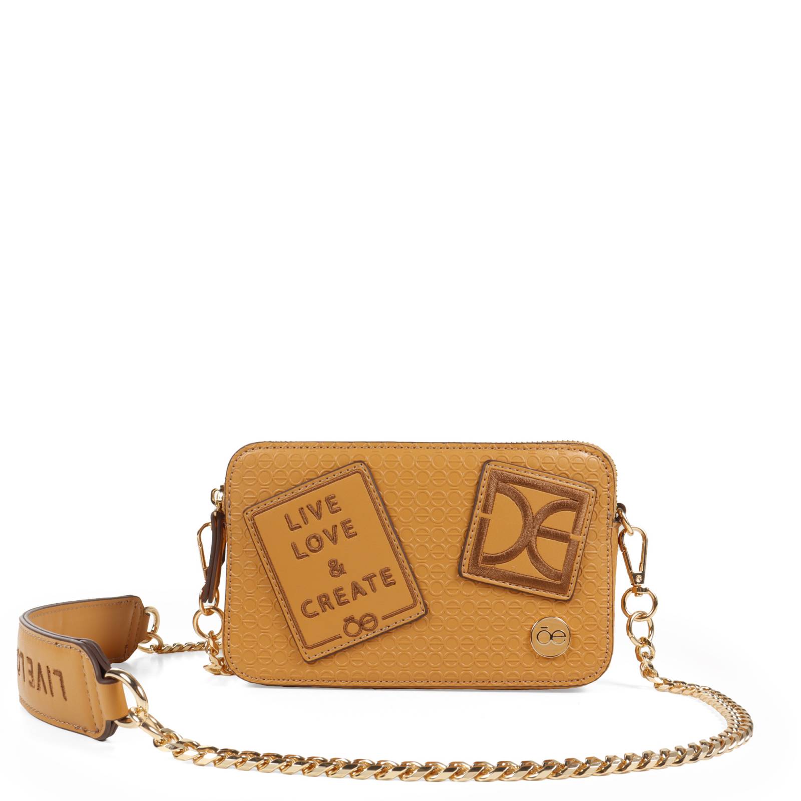 Bolsa Crossbody Cloe Parches Decorativos color Camel