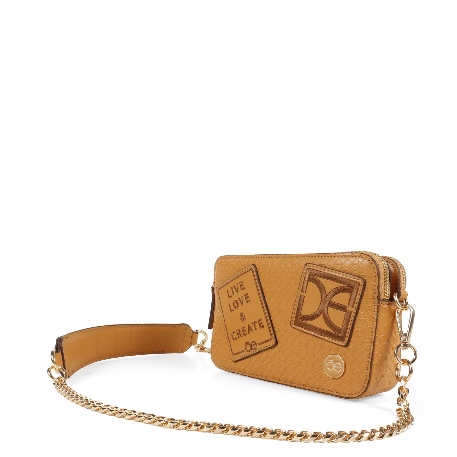 Bolsa Crossbody Cloe Parches Decorativos color Camel