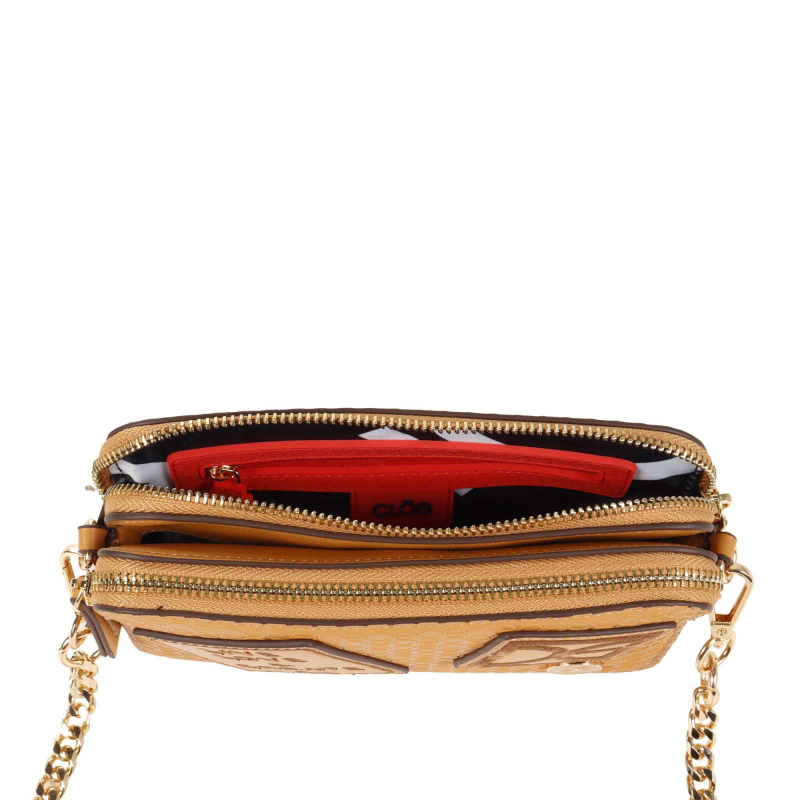 Bolsa Crossbody Cloe Parches Decorativos color Camel