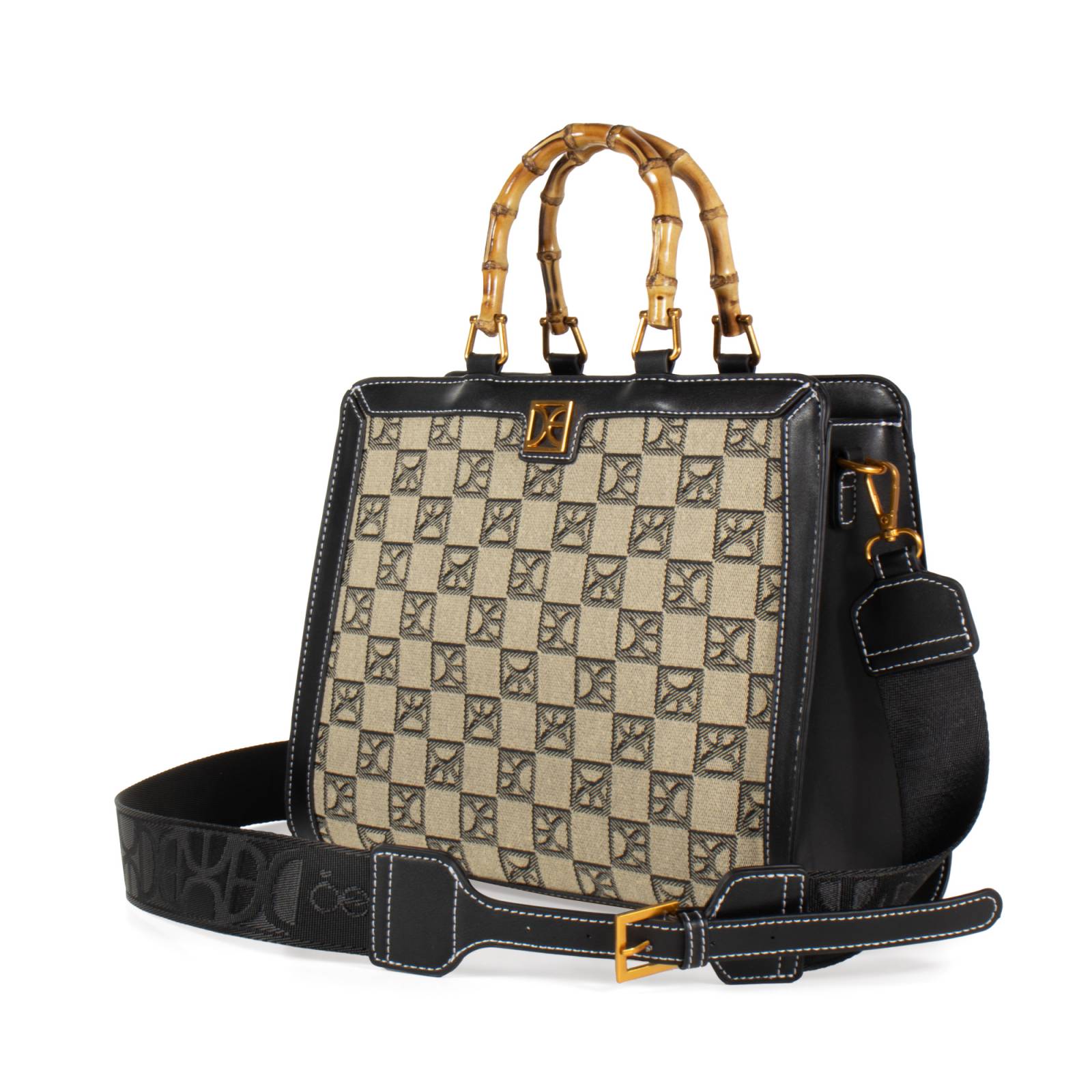 Bolsa Satchel Cloe Grande Textil Maneral Look Bambú color Negro
