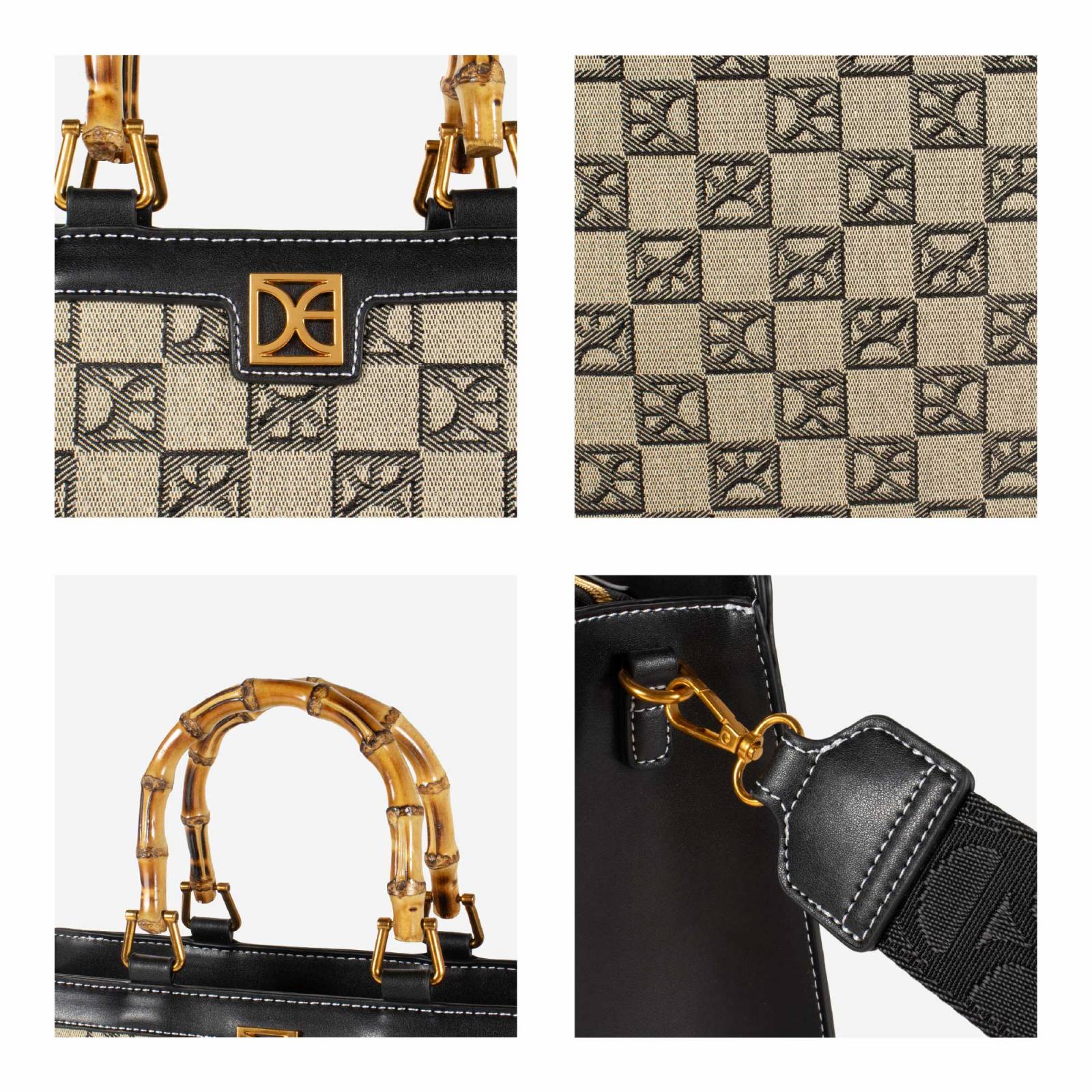 Bolsa Satchel Cloe Grande Textil Maneral Look Bambú color Negro