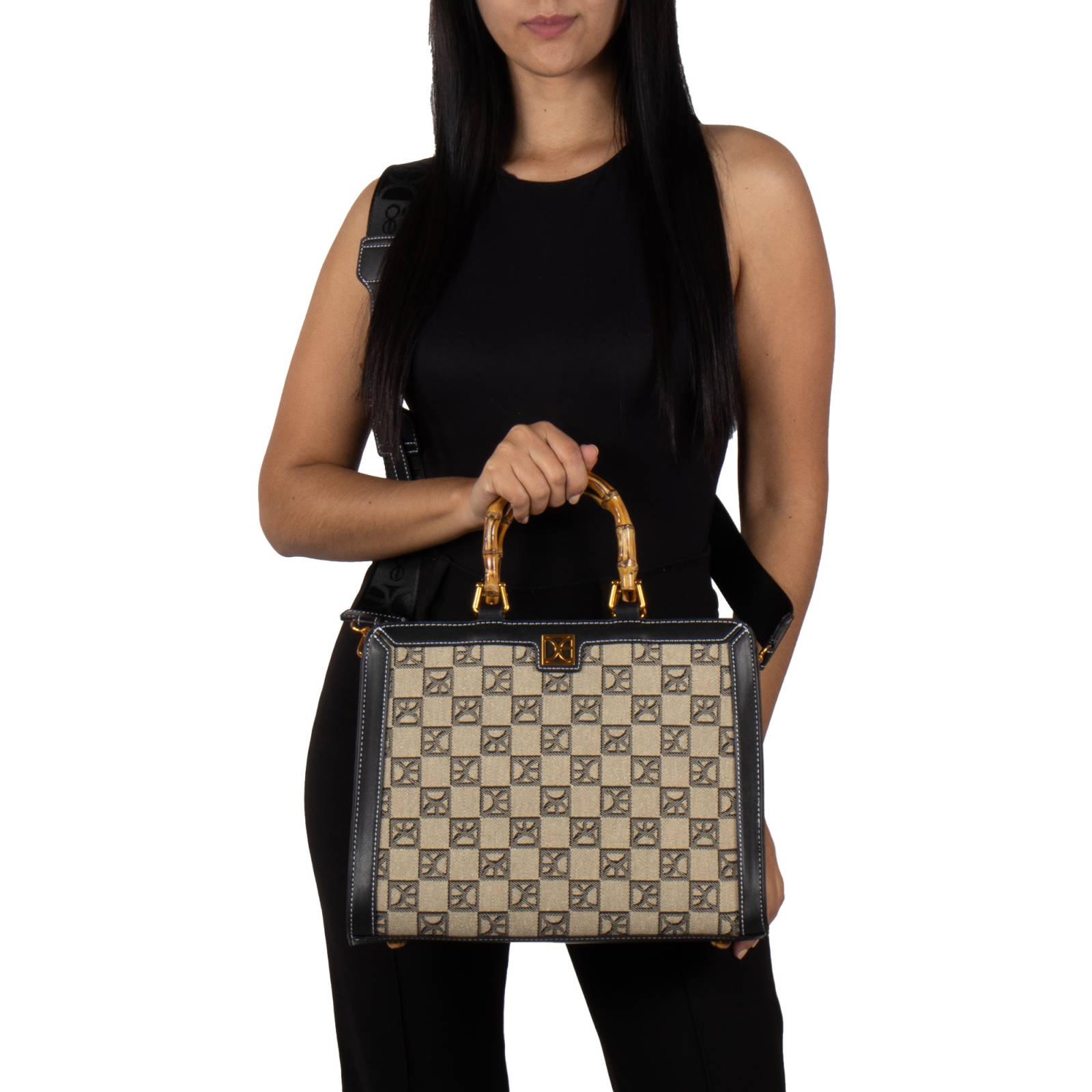 Bolsa Satchel Cloe Grande Textil Maneral Look Bambú color Negro