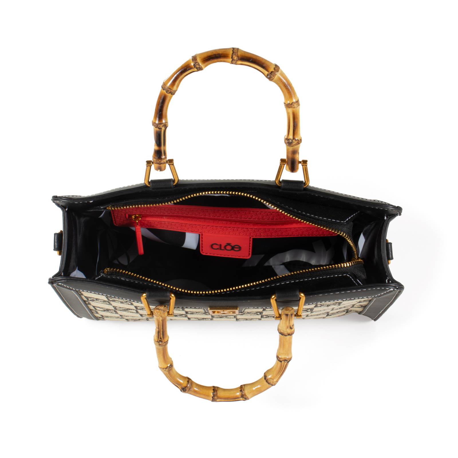 Bolsa Satchel Cloe Grande Textil Maneral Look Bambú color Negro