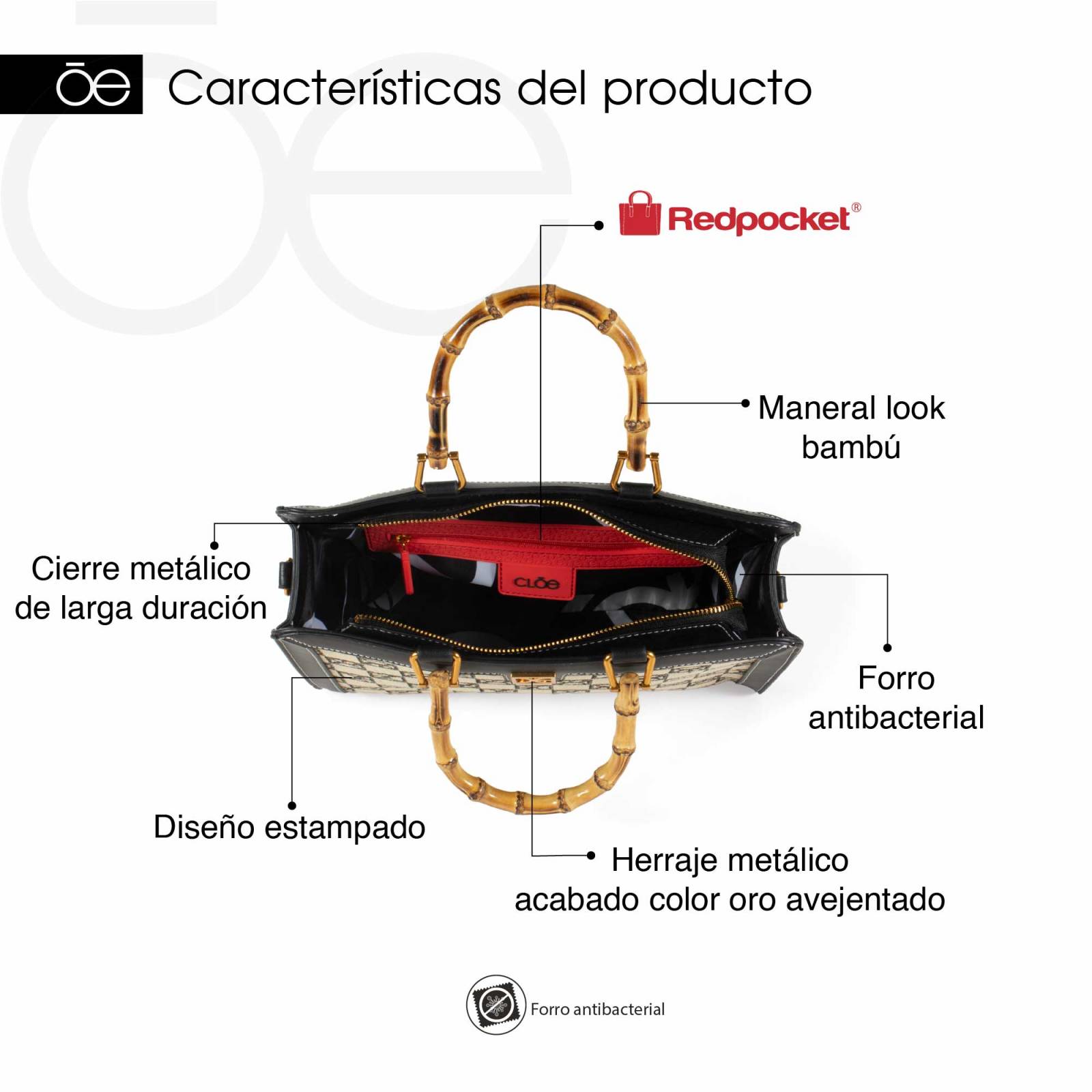 Bolsa Satchel Cloe Grande Textil Maneral Look Bambú color Negro