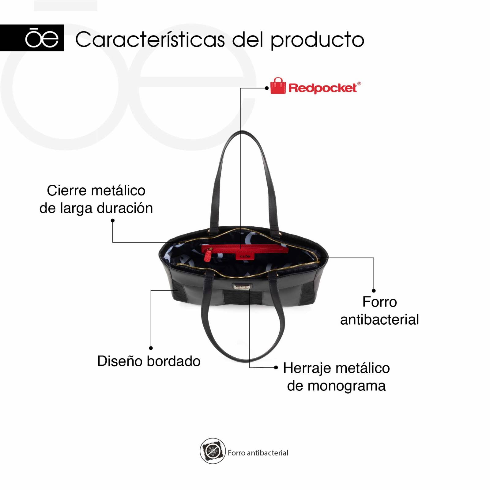 Bolsa Tote Cloe Grande Bordado de Monograma color Negro