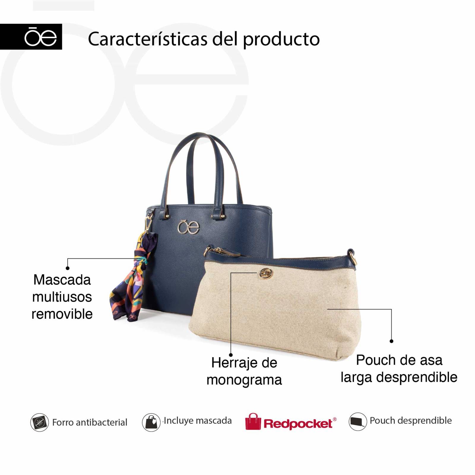 Bolsa Tote Cloe Mediana con Mascada y Pouch color Azul Marino