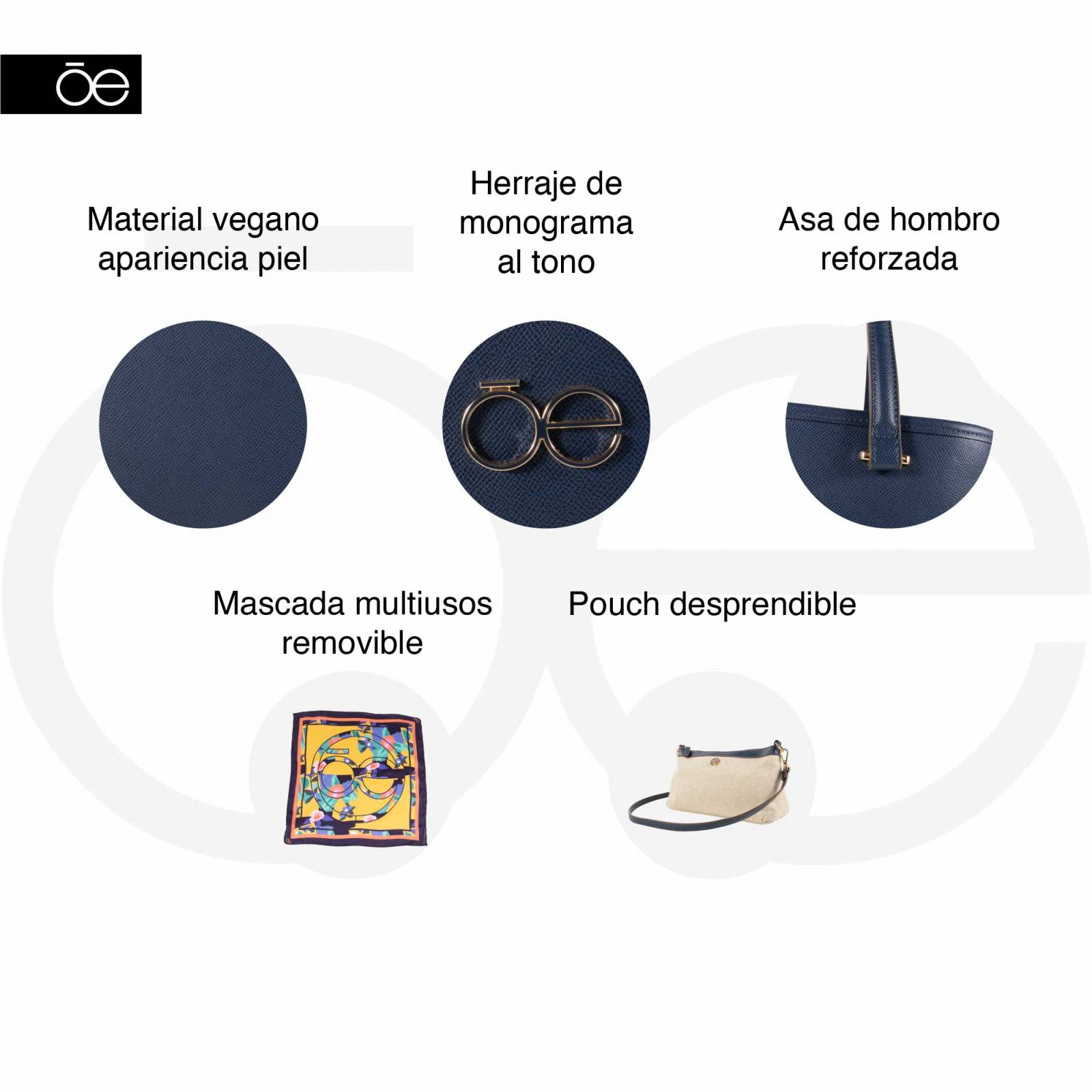 Bolsa Tote Cloe Mediana con Mascada y Pouch color Azul Marino