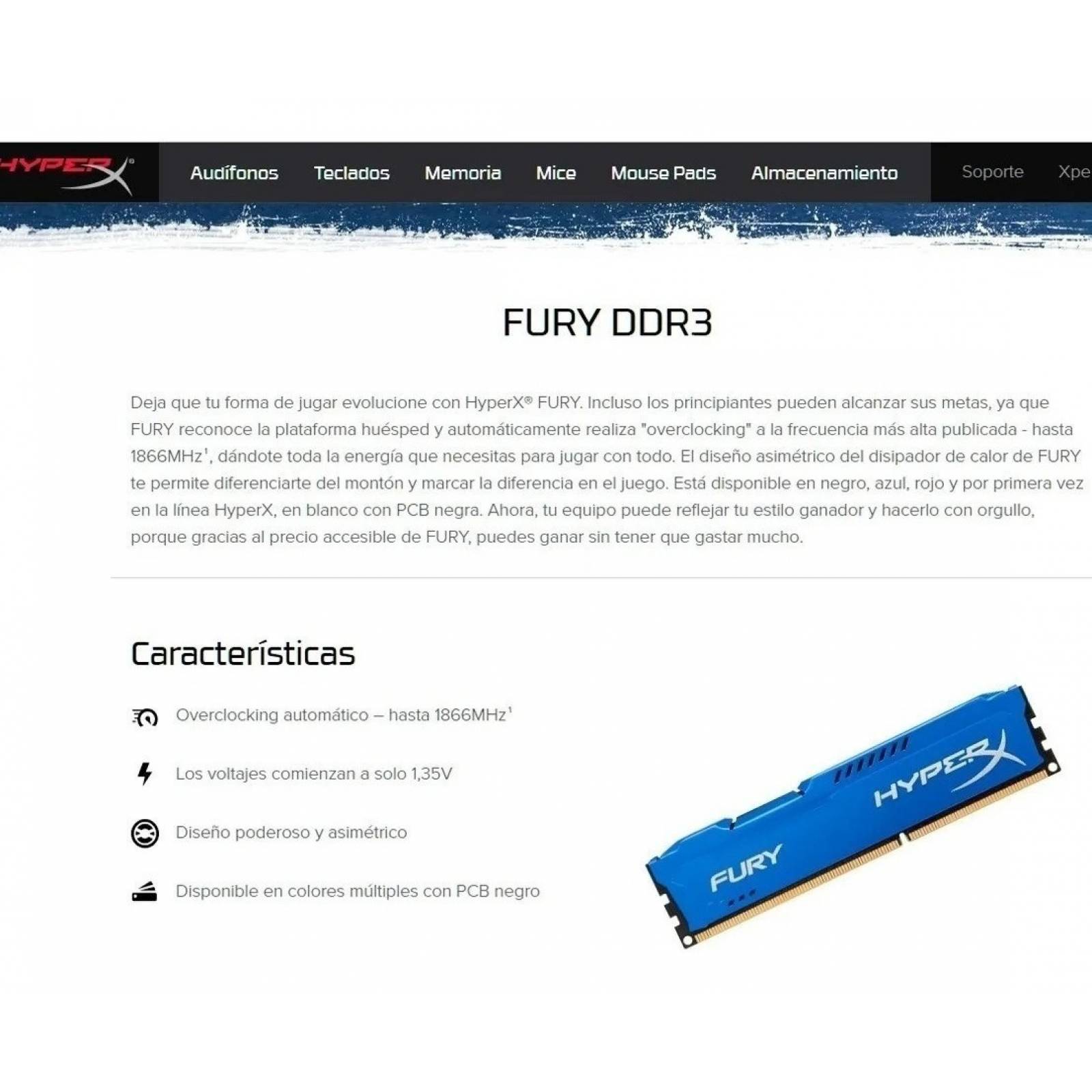 Hyper X Fury Memoria Ram Ddr3 4gb 1866 Hx318c10f/4