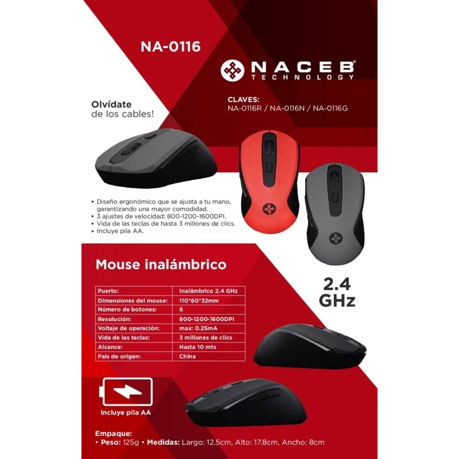 Mouse Rojo Usb Pc Lap 2400dpi Inalambrico 10 Mts 6 Botones
