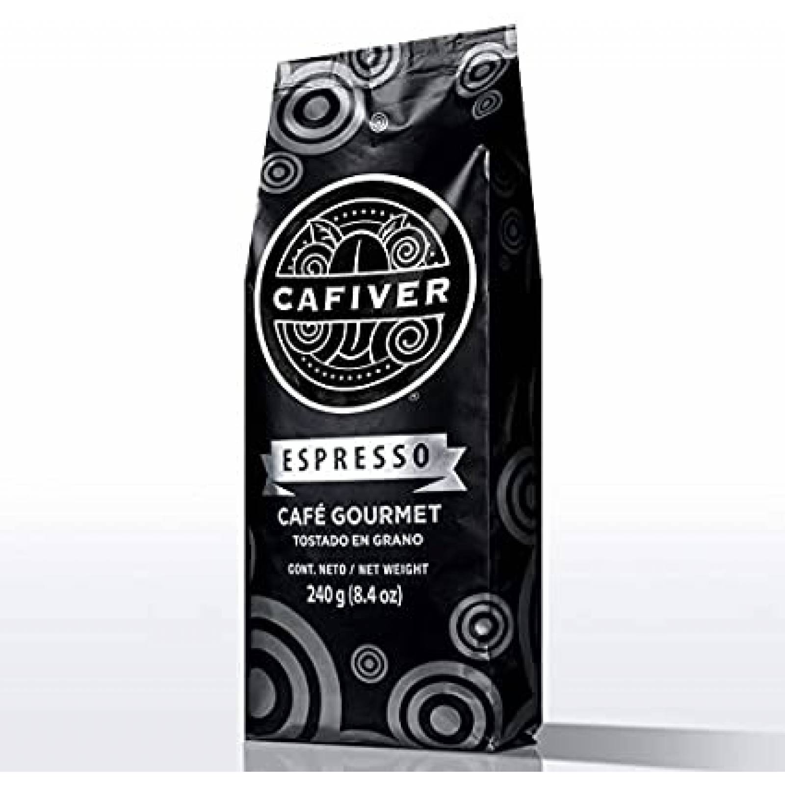 Cafiver Espresso, Café Tostado en Grano con Cafeína para Espresso, 240 gramos