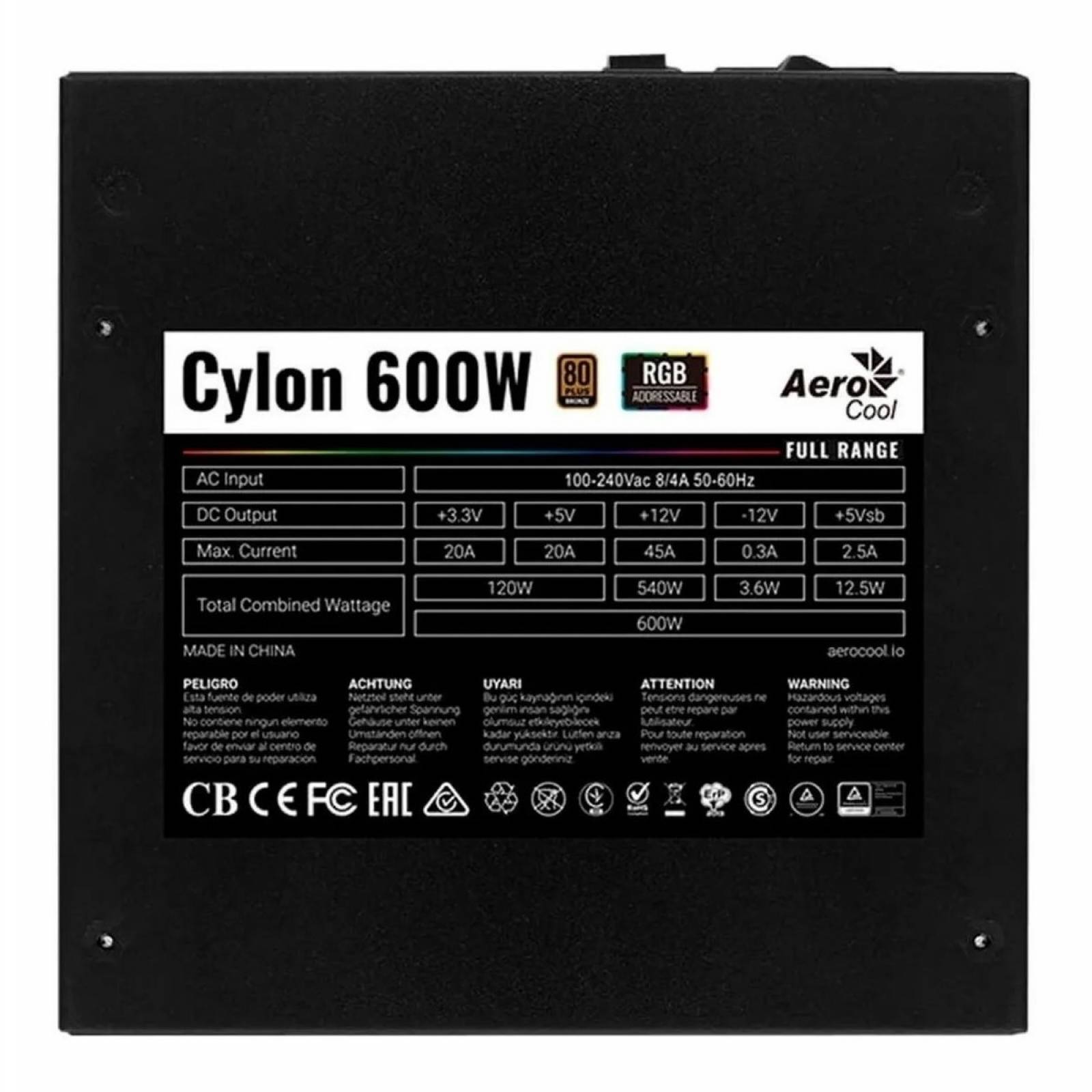 Fuente De Poder Gamer RGB 600w Aerocool Cylon Rgb 80 Plus Bronze