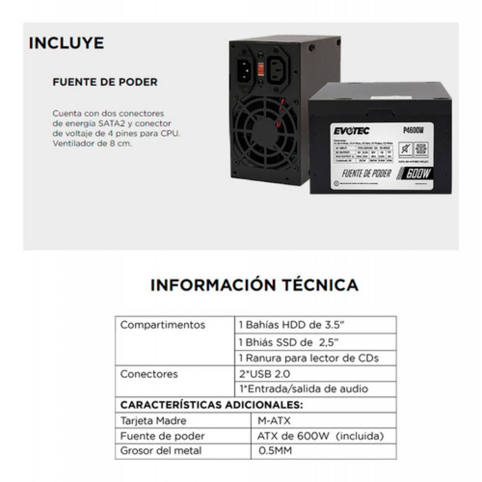 Gabinete Gamer Evotec Pc Micro Atx Fuente 600w Slim Ev1010