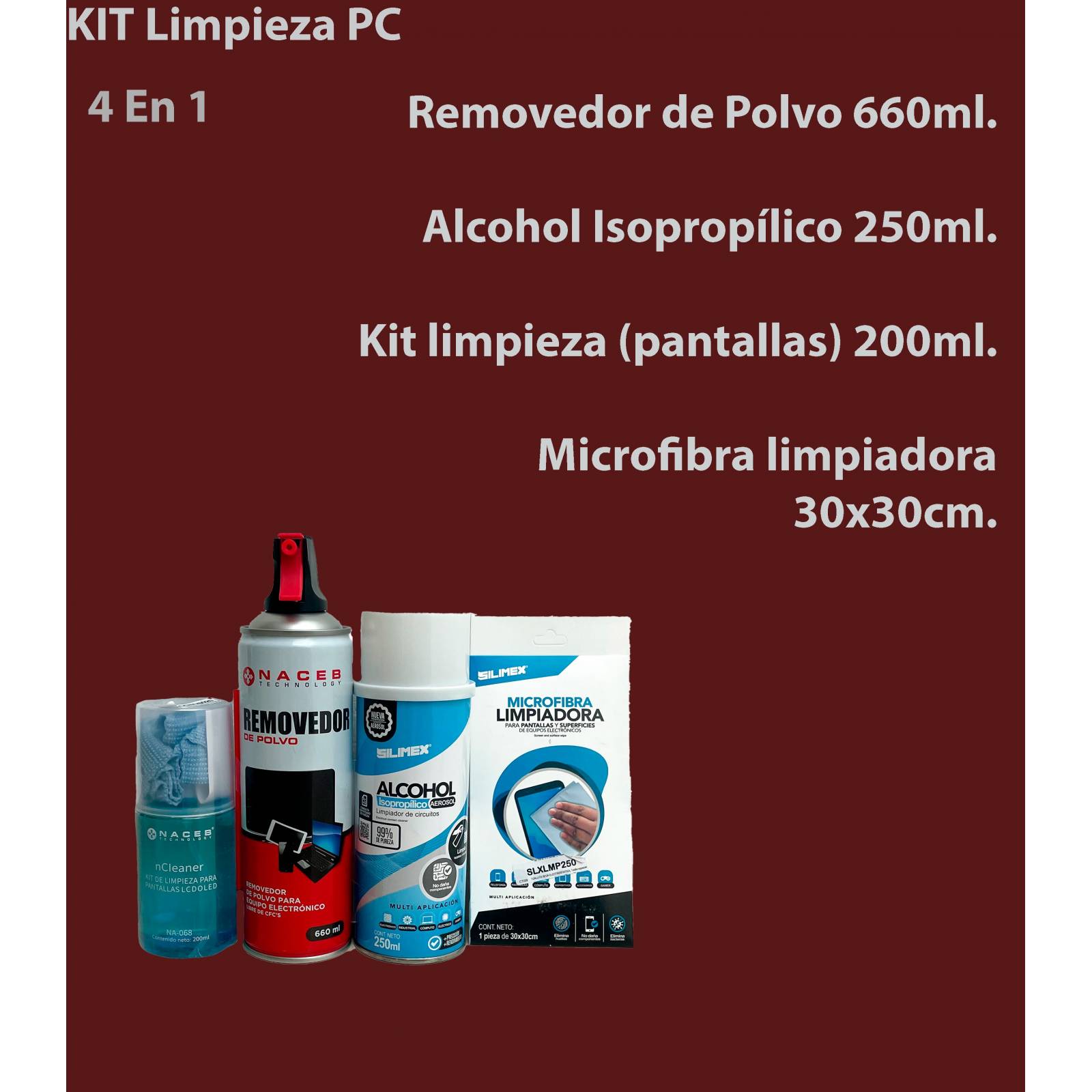 Kit Limpieza 4 Pz Aire Comprimido Microfibra Alcohol Isoprop