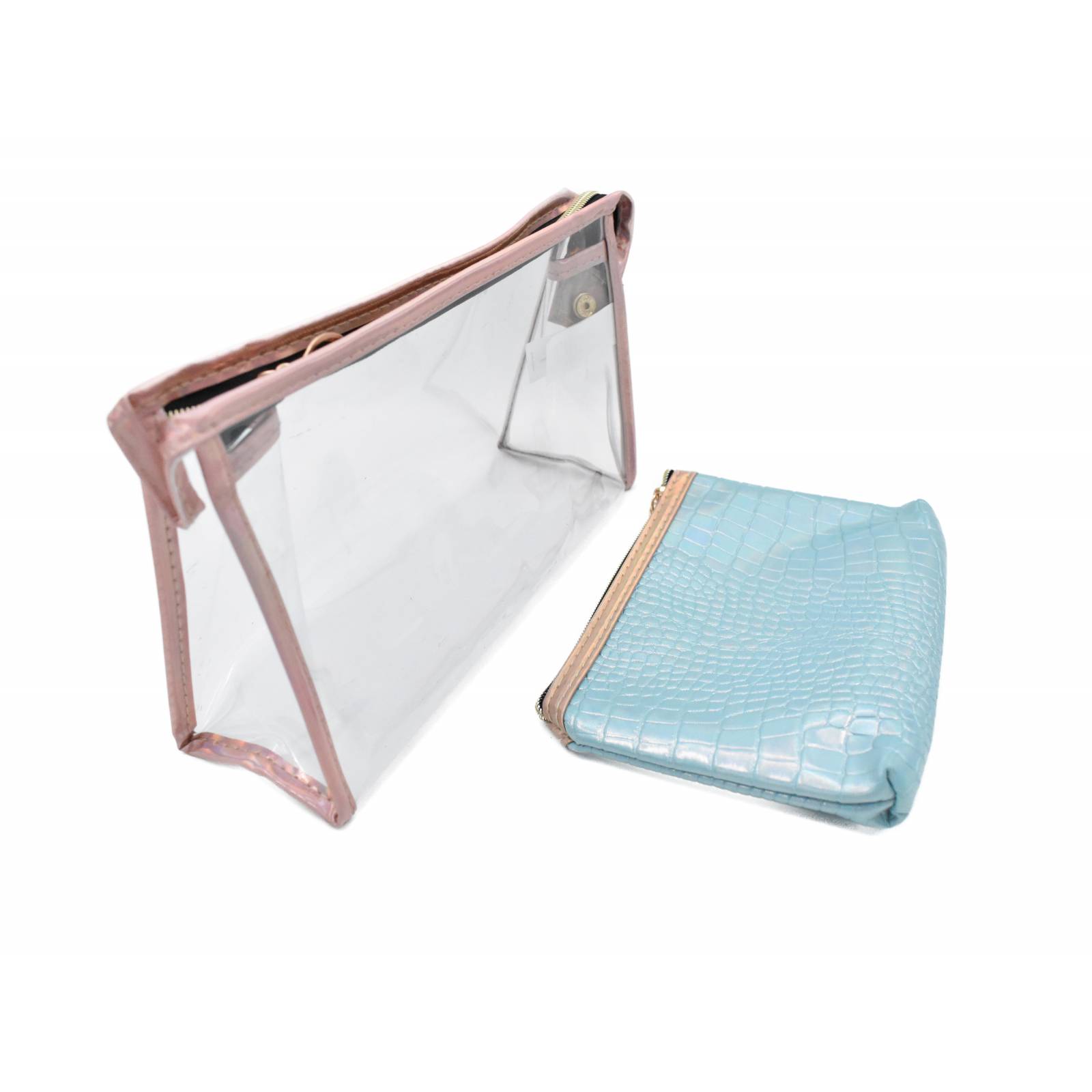 SP!CE, Juego de cosmetiqueras / necesers, dos piezas, trasparente y azul tornasol, rectangular, mujer.