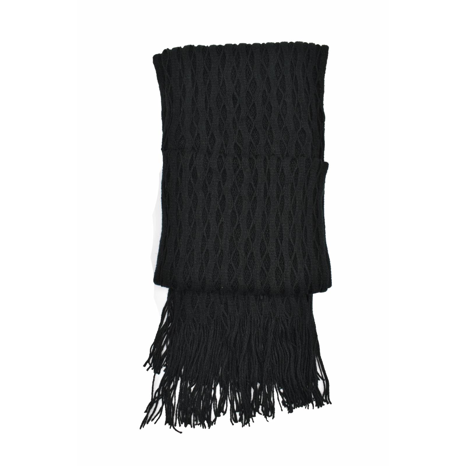 INVIGORATE, Bufanda básica tejida, color negro, detalle de flecos a tono.
