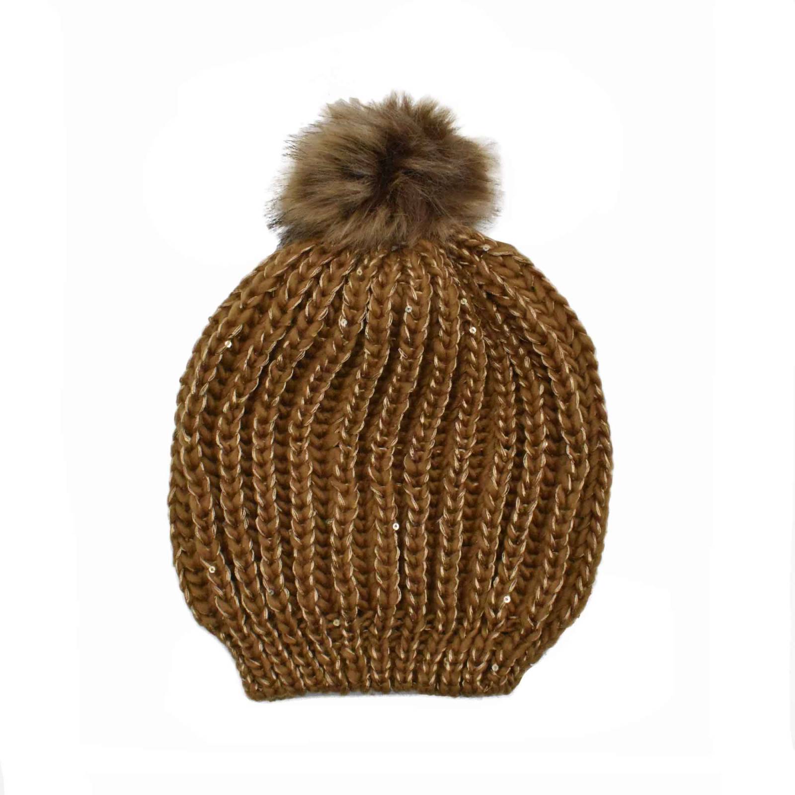 INVIGORATE, Gorro tejido color camel, detalle en lentejuela a tono y pompon color café, mujer.